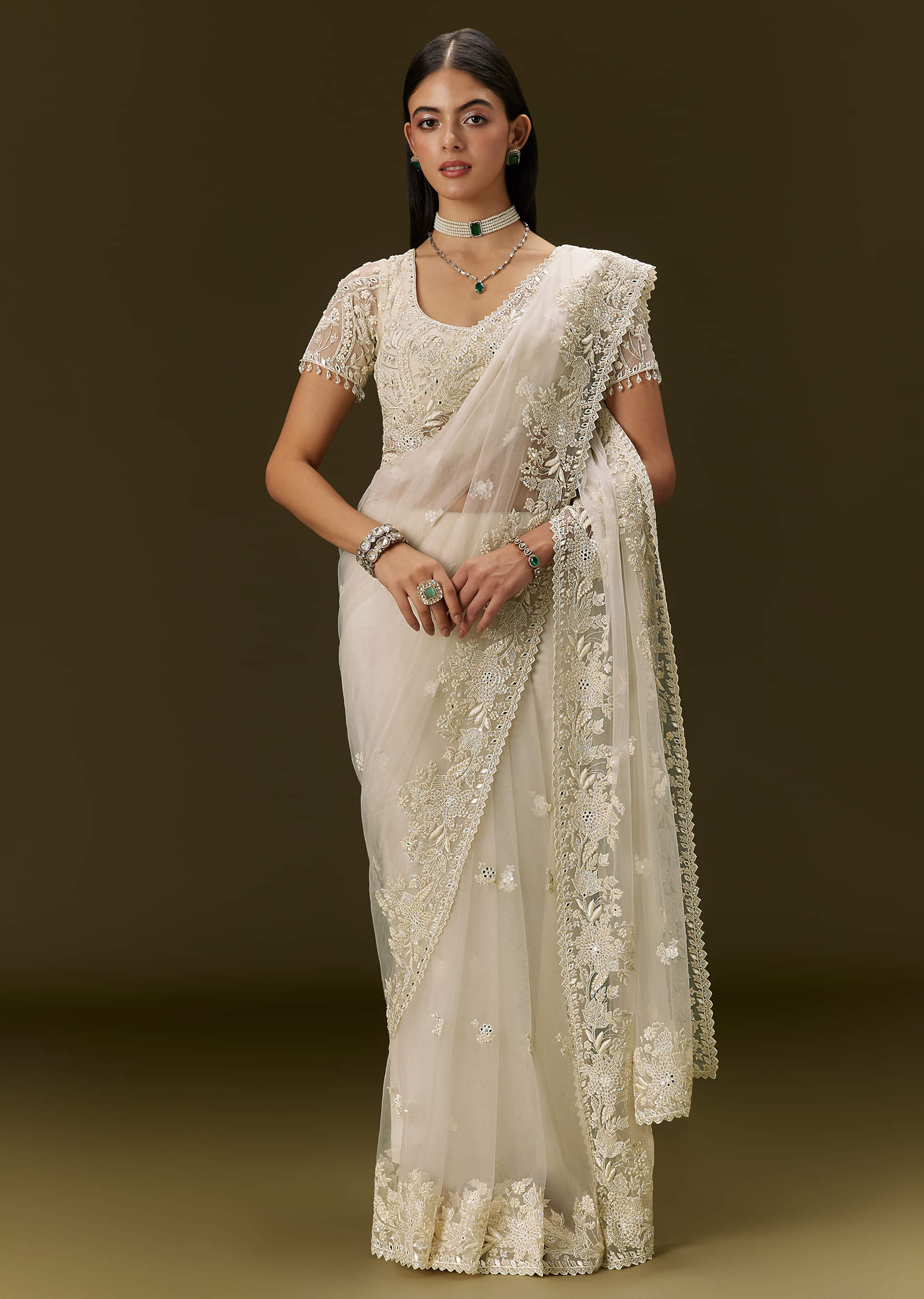 White Net Saree With All Over Heavy Embroidery - Image 5