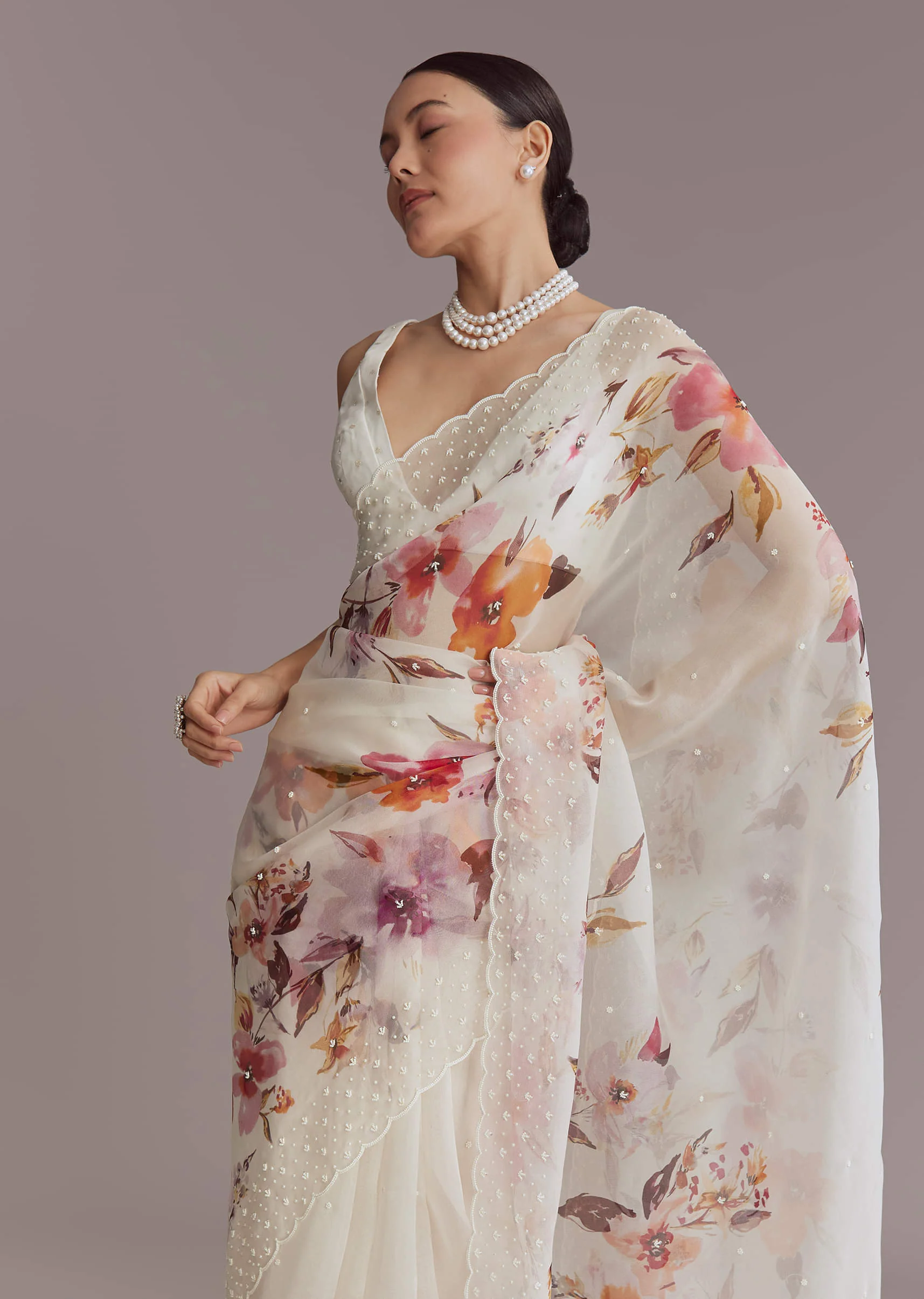 White Organza Printed Saree With Bead Embroidery - Image 5