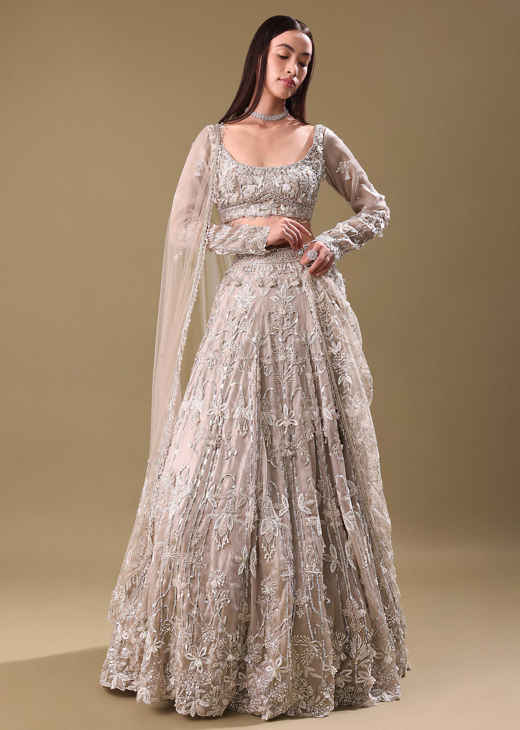 White Oyester Hand Embroidered Lehenga And Blouse Set