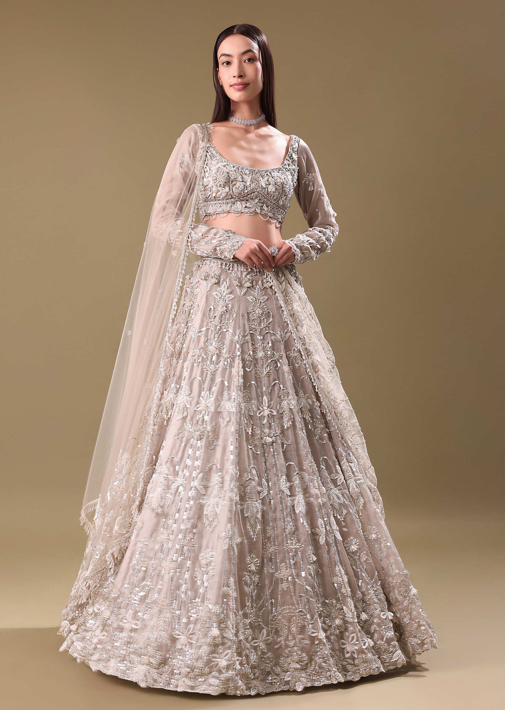 White Oyester Hand Embroidered Lehenga And Blouse Set - Image 3