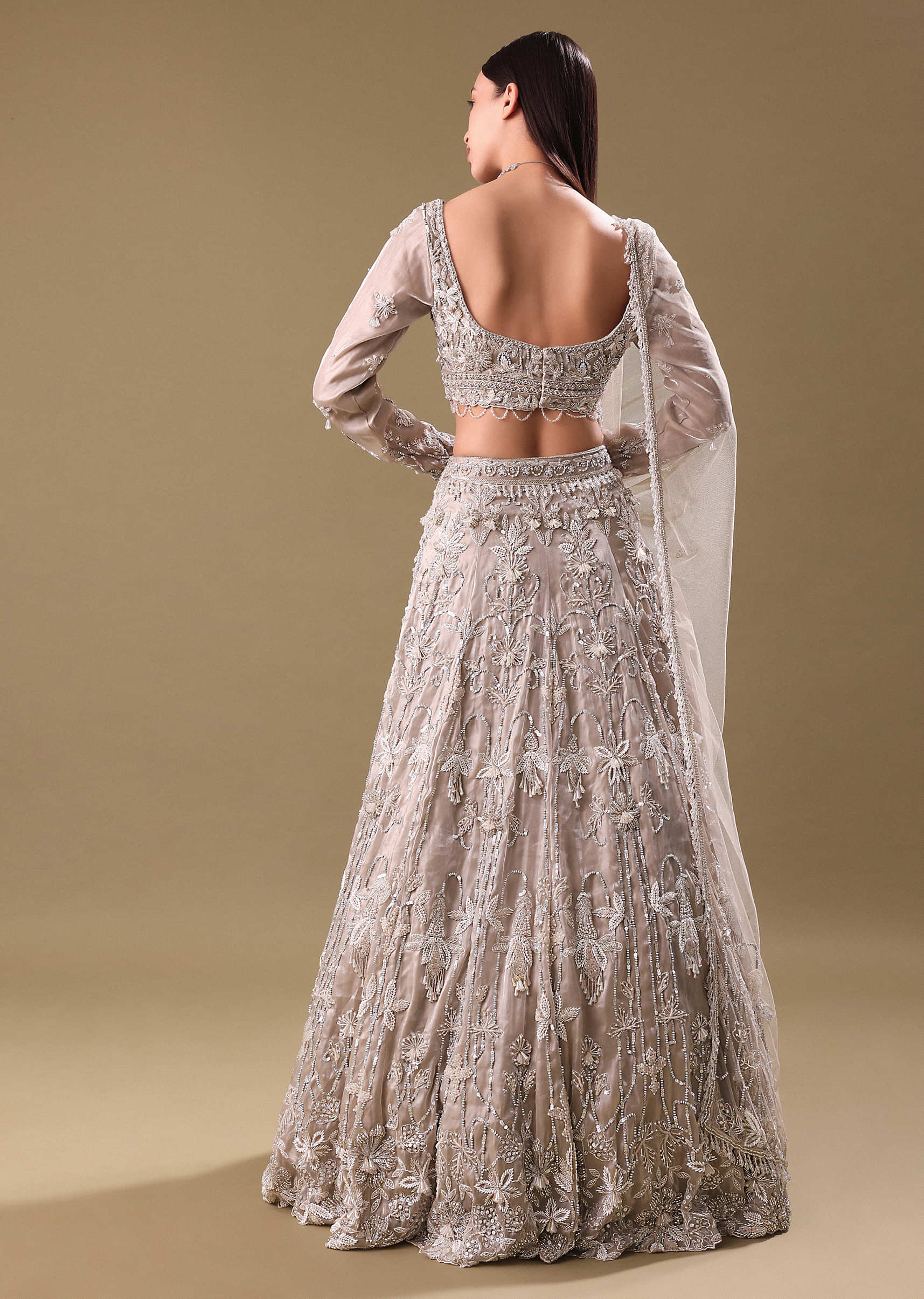 White Oyester Hand Embroidered Lehenga And Blouse Set - Image 4