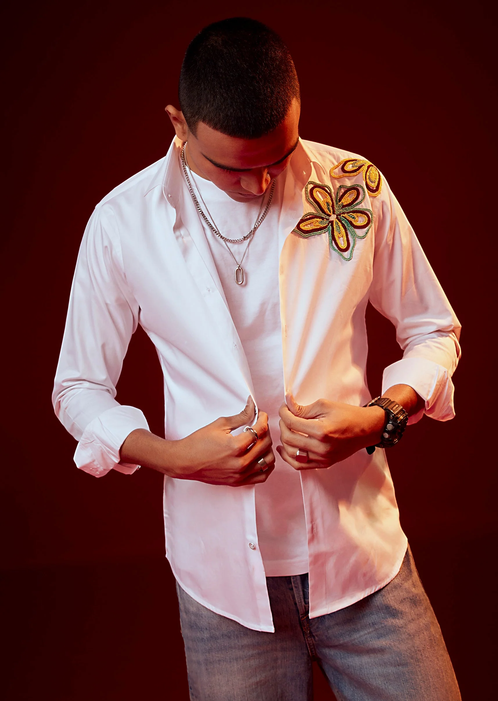 White Patch Work Embellished Party Shirt - Image 3