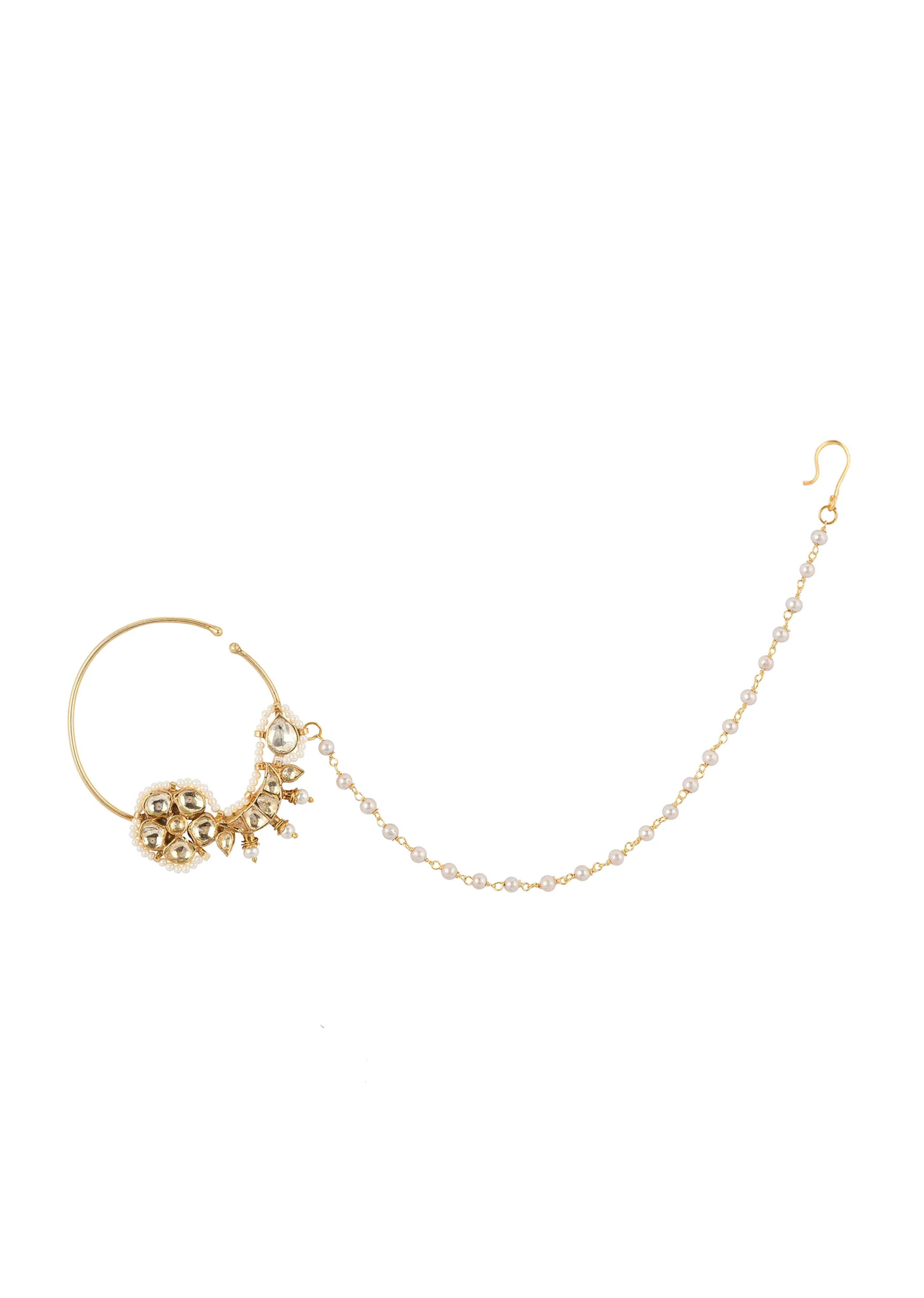 White Pearl Studded Nath In Gold Finish Mix Metal - Image 2