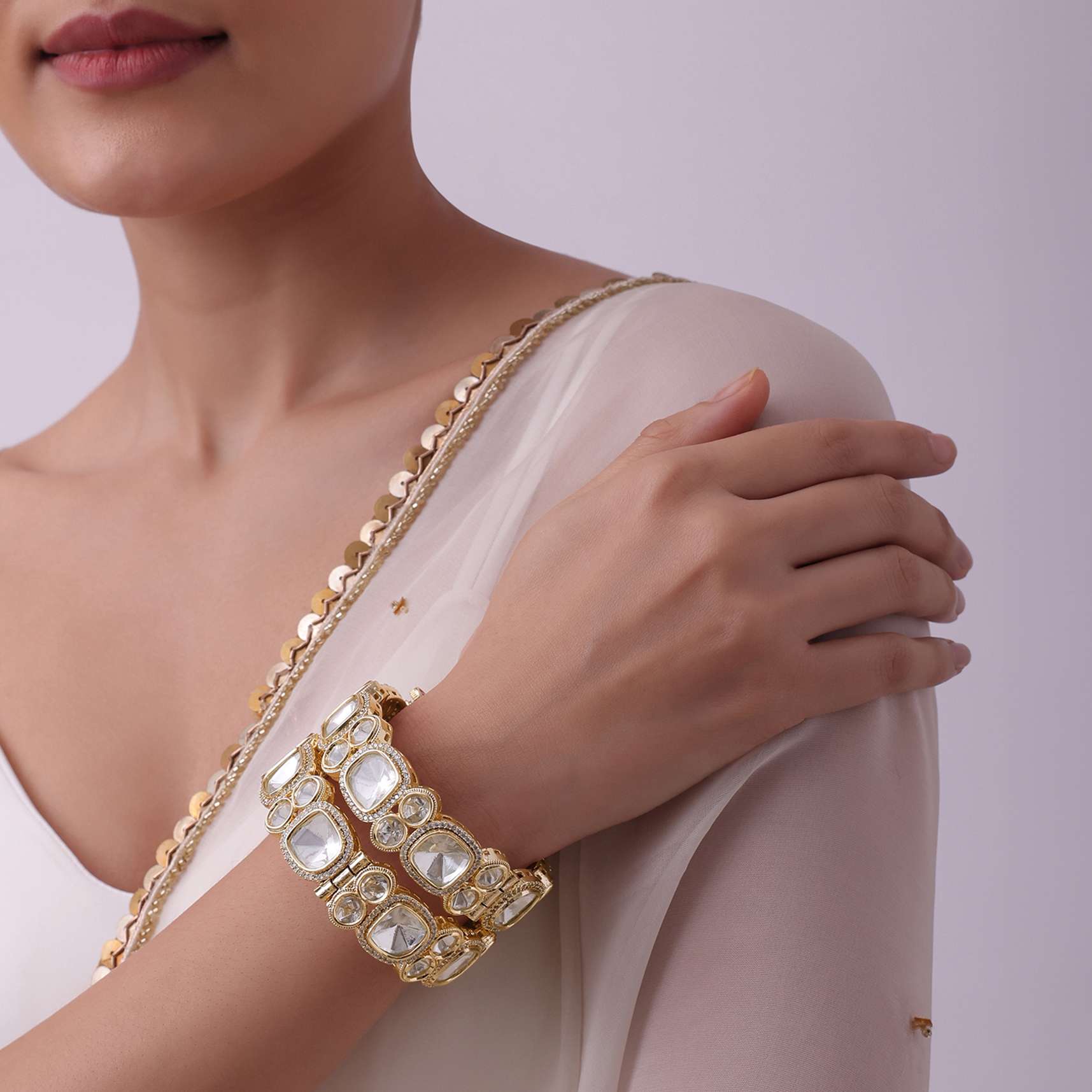 White Polki Studded Kundan Bangles Set of 2