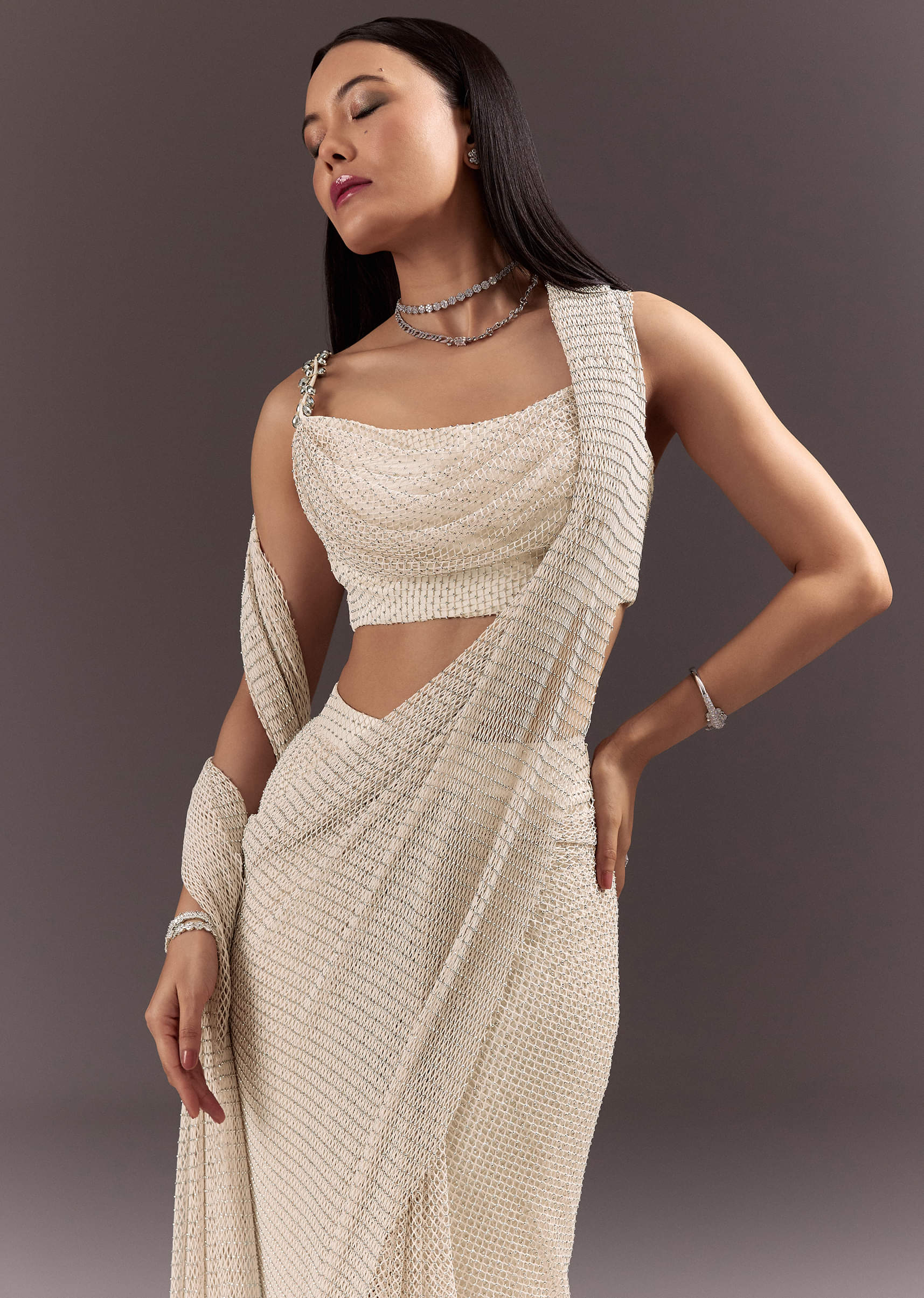 White Pre Draped Saree With Crystal Work And Cowl Blouse - Image 2