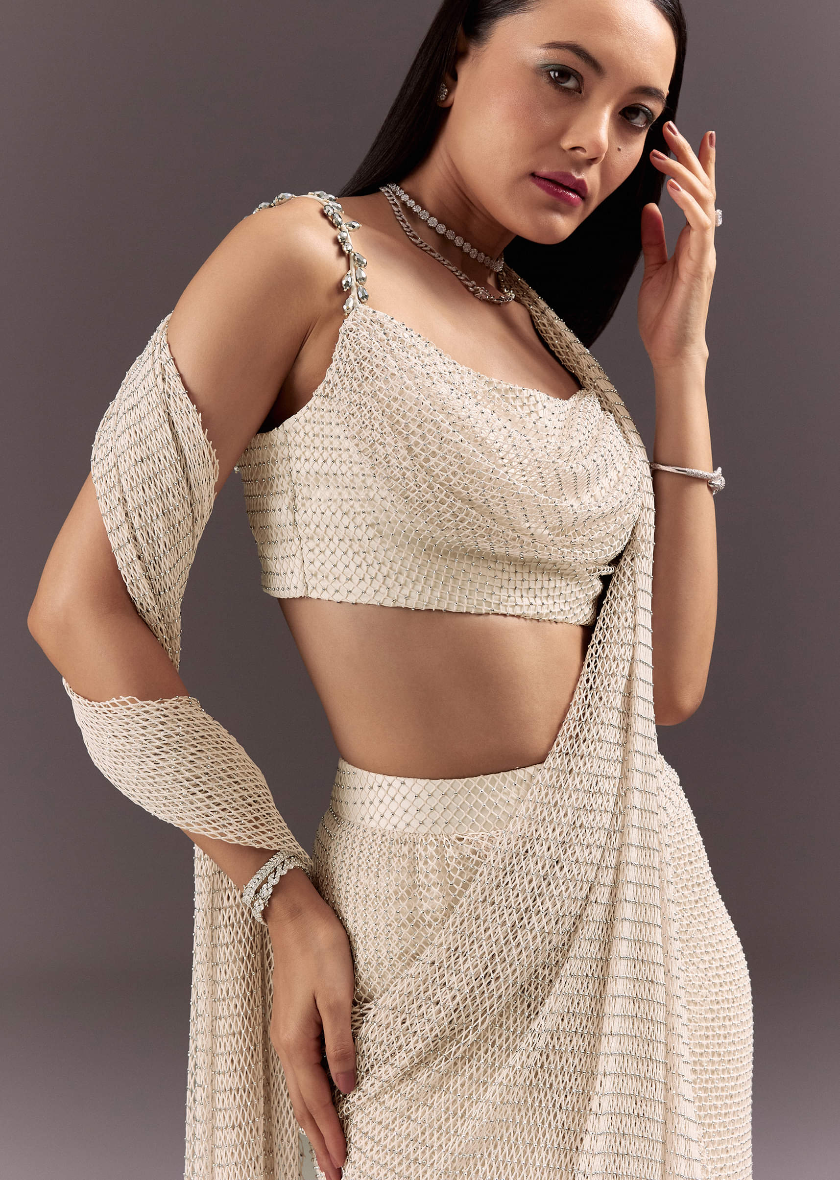 White Pre Draped Saree With Crystal Work And Cowl Blouse - Image 3