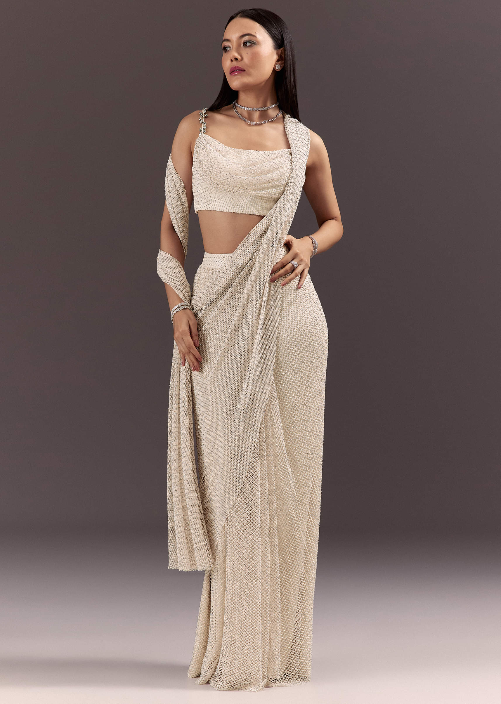White Pre Draped Saree With Crystal Work And Cowl Blouse - Image 4