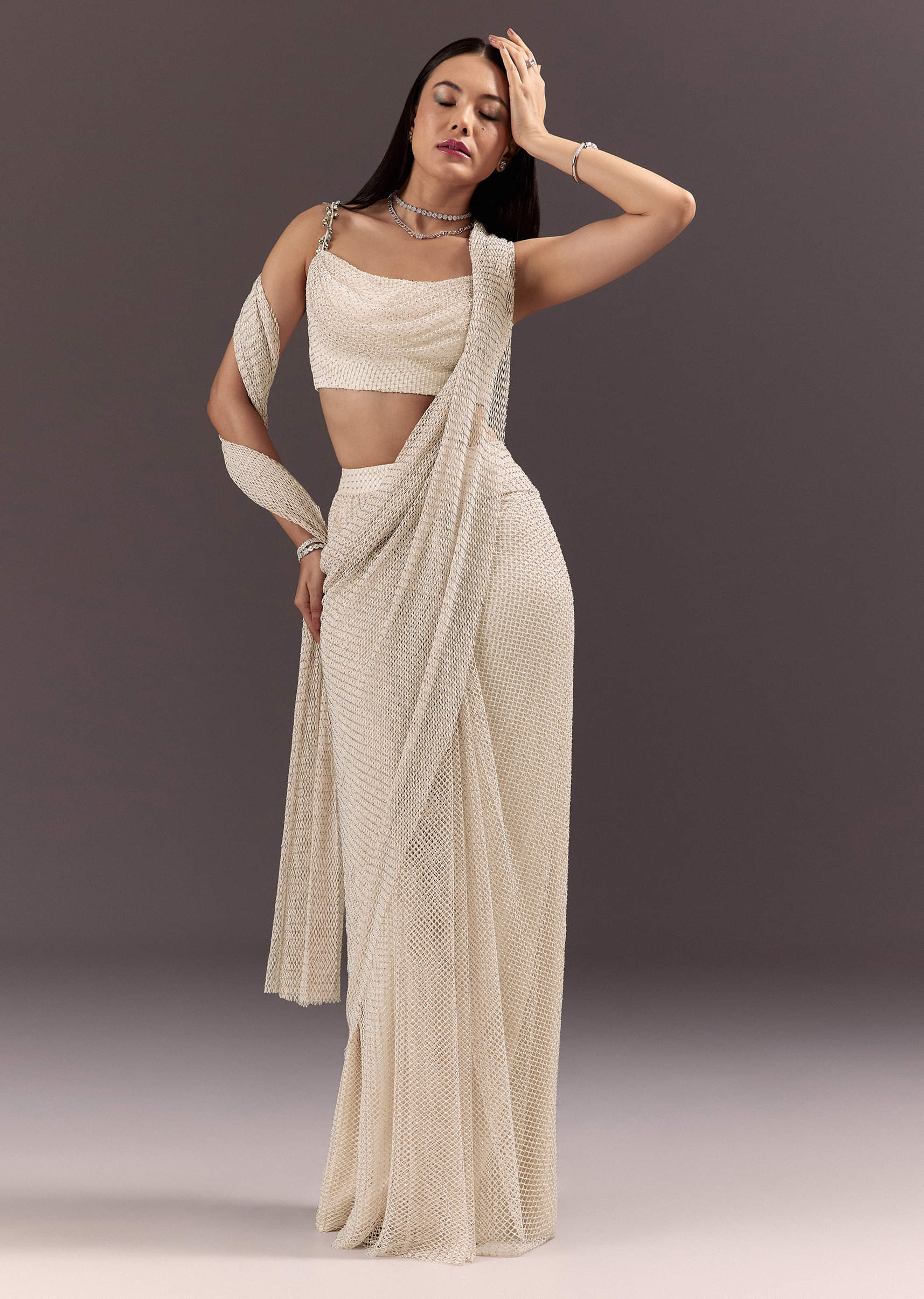 White Pre Draped Saree With Crystal Work And Cowl Blouse - Image 5