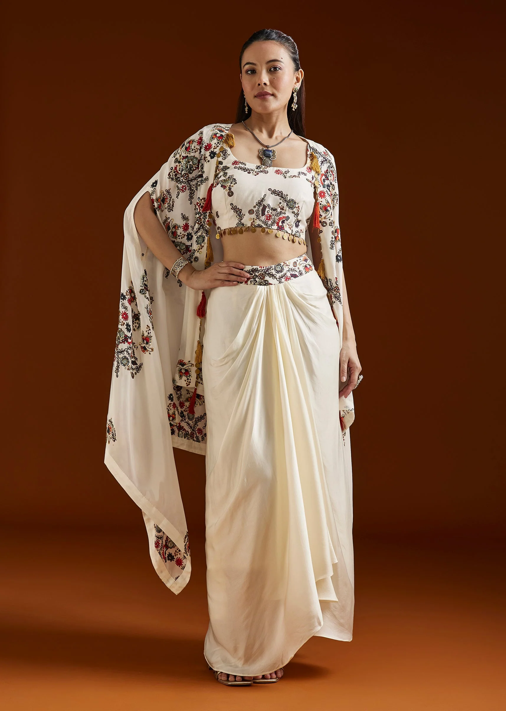 White Printed Crepe Cape Drape Skirt Set