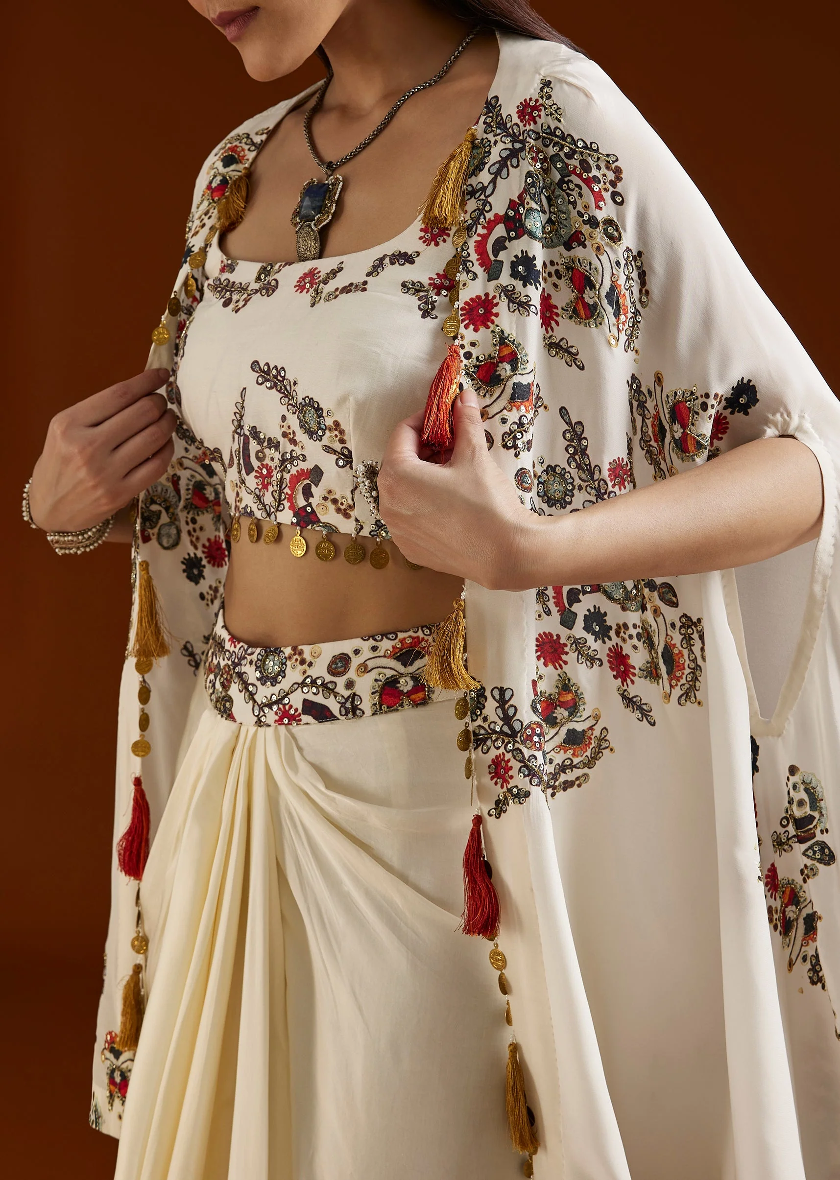 White Printed Crepe Cape Drape Skirt Set - Image 2