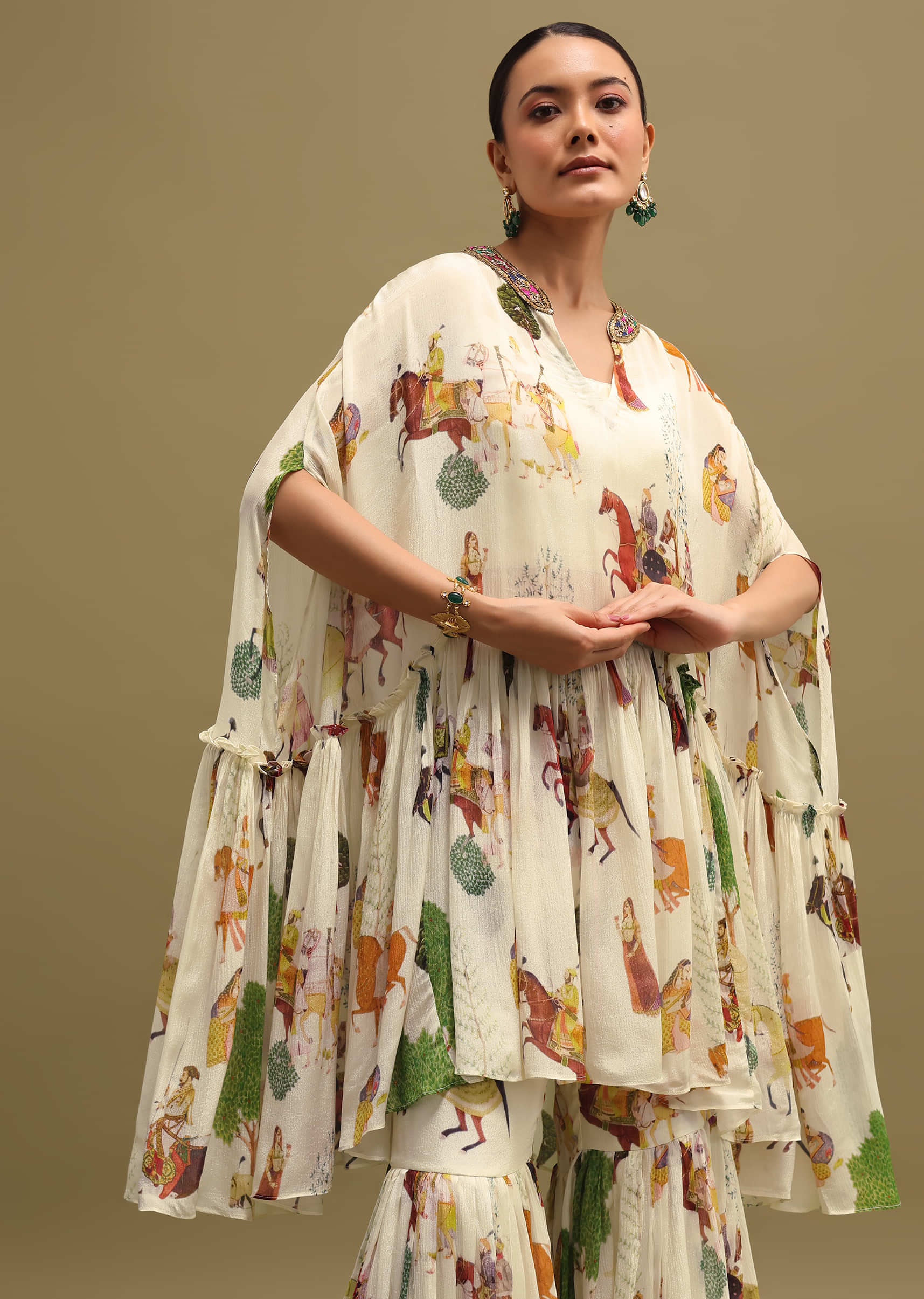 White Printed Georgette Crop Top And Sharara Set - Image 4