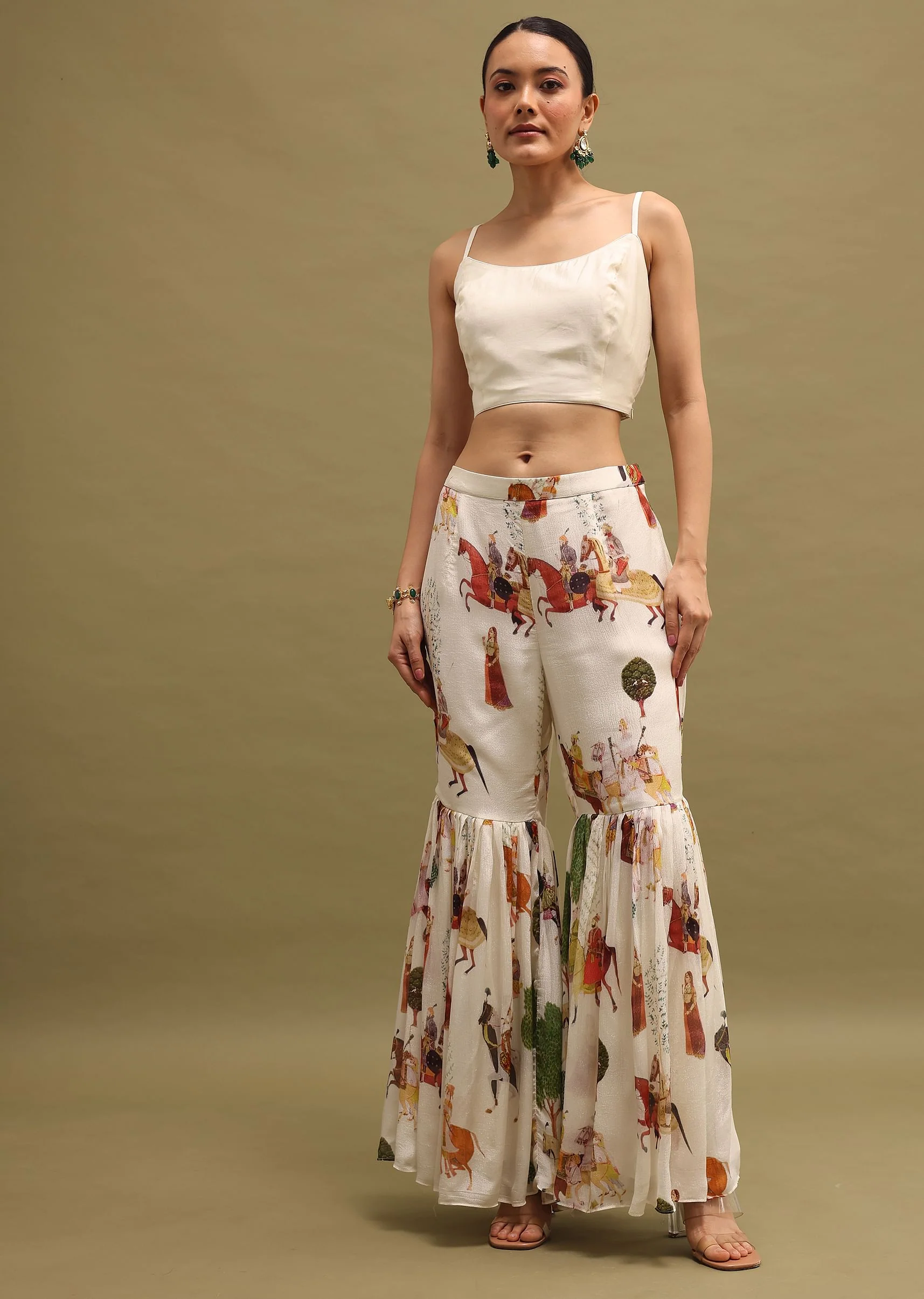 White Printed Georgette Crop Top And Sharara Set - Image 6