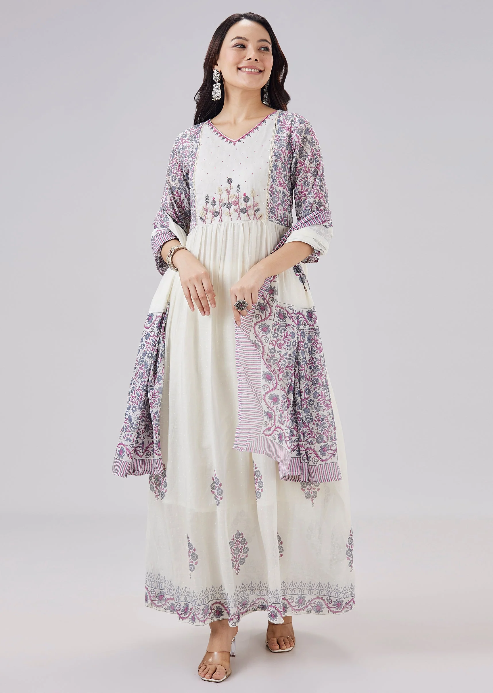 White Printed Mulmul Cotton Anarkali Set With Dupatta - Image 3