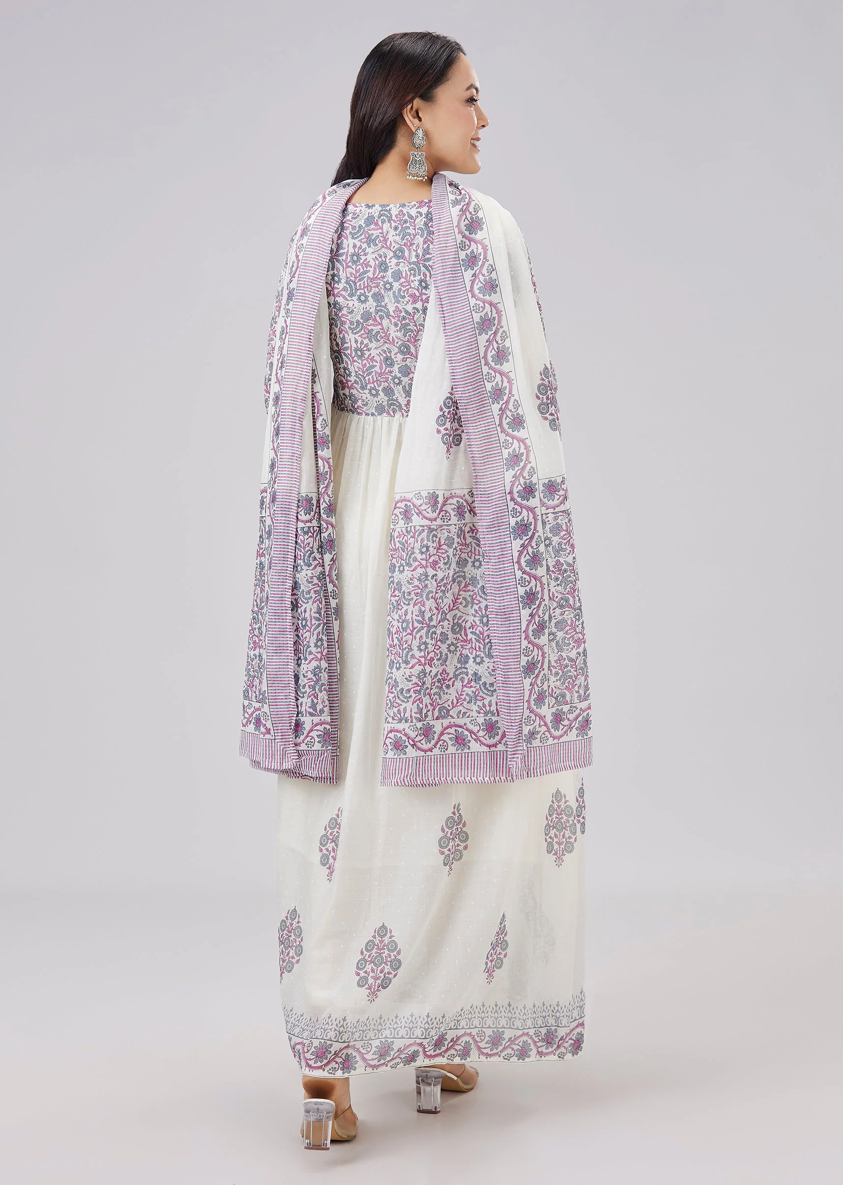 White Printed Mulmul Cotton Anarkali Set With Dupatta - Image 5