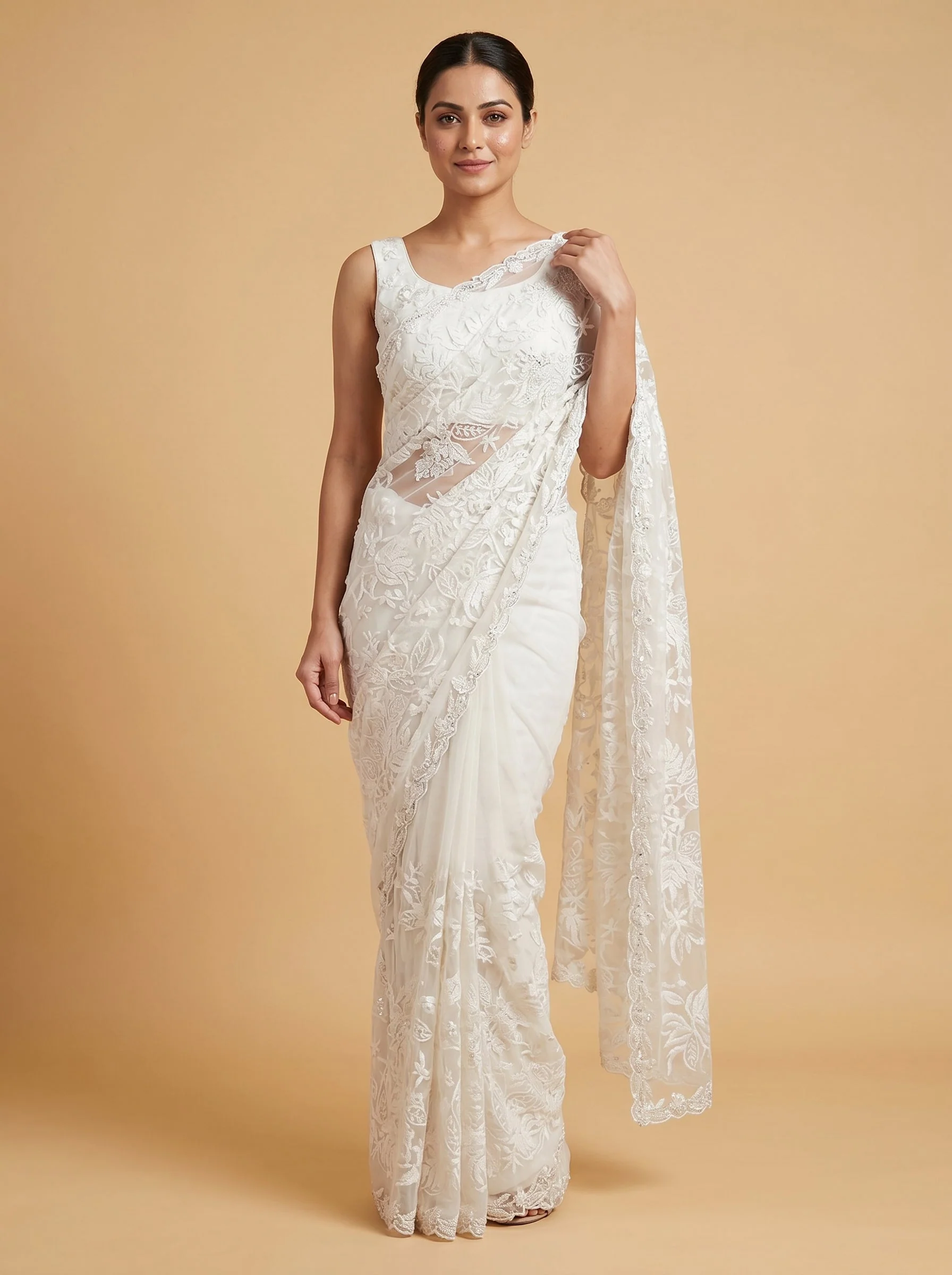 White Pure Embroidered Saree