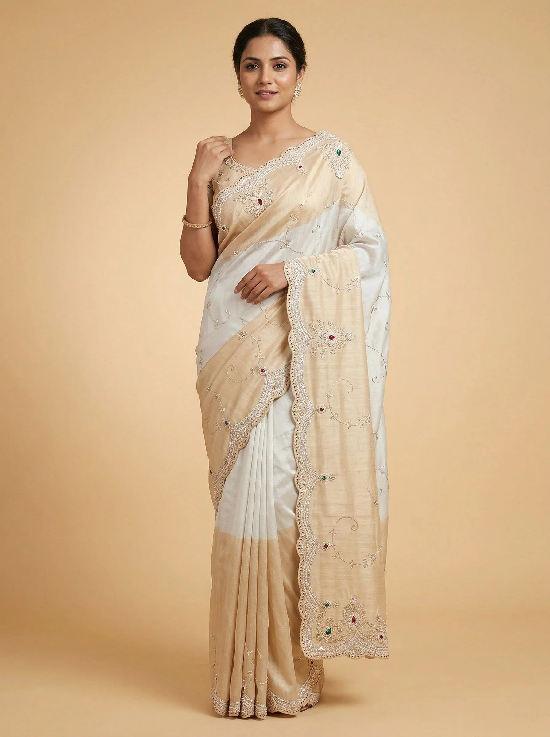 White Pure-Tone Embroidered Saree