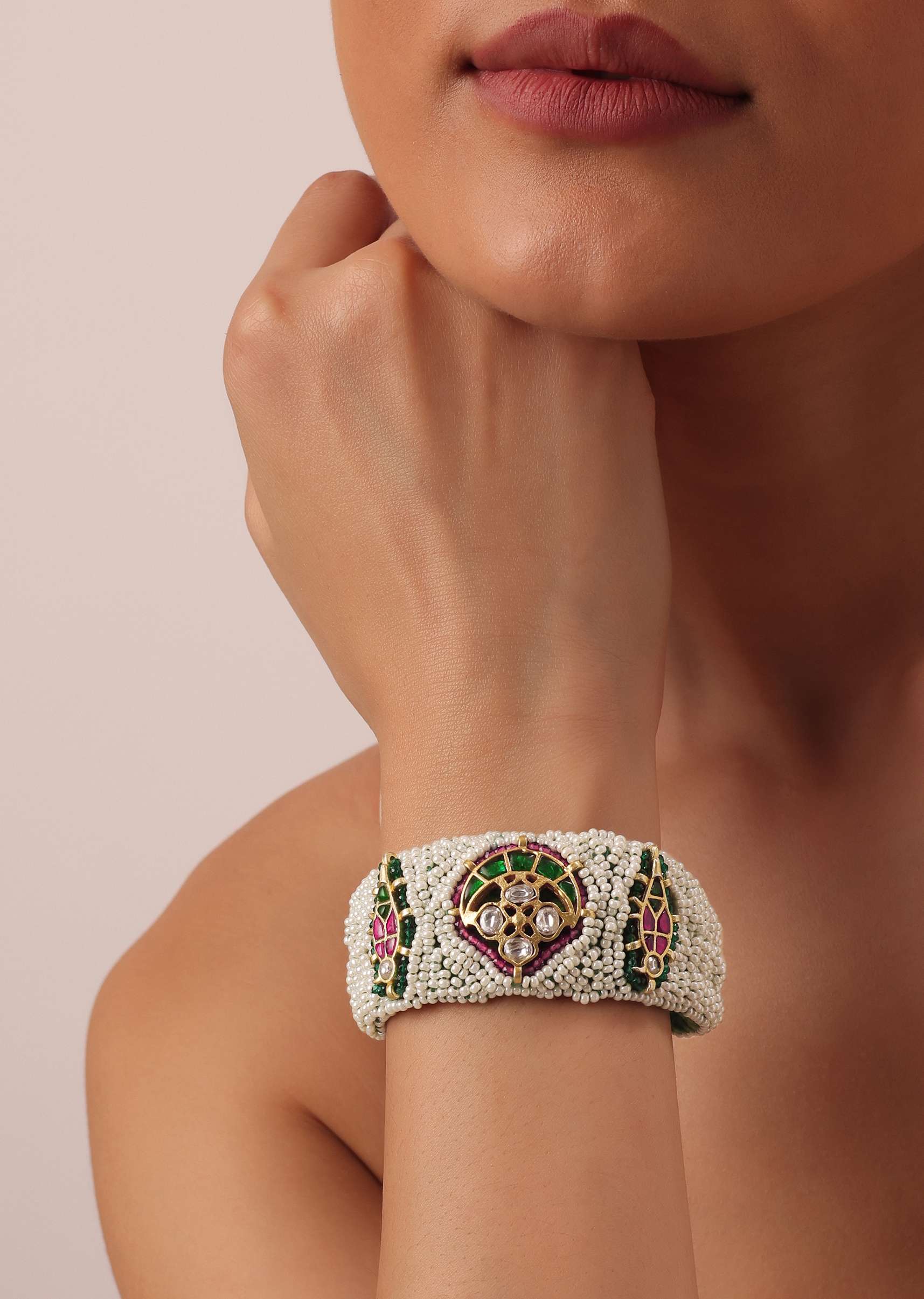 White Rajasthani Ponchi Bracelet With Studded Kundan And Enamel Work - Image 2