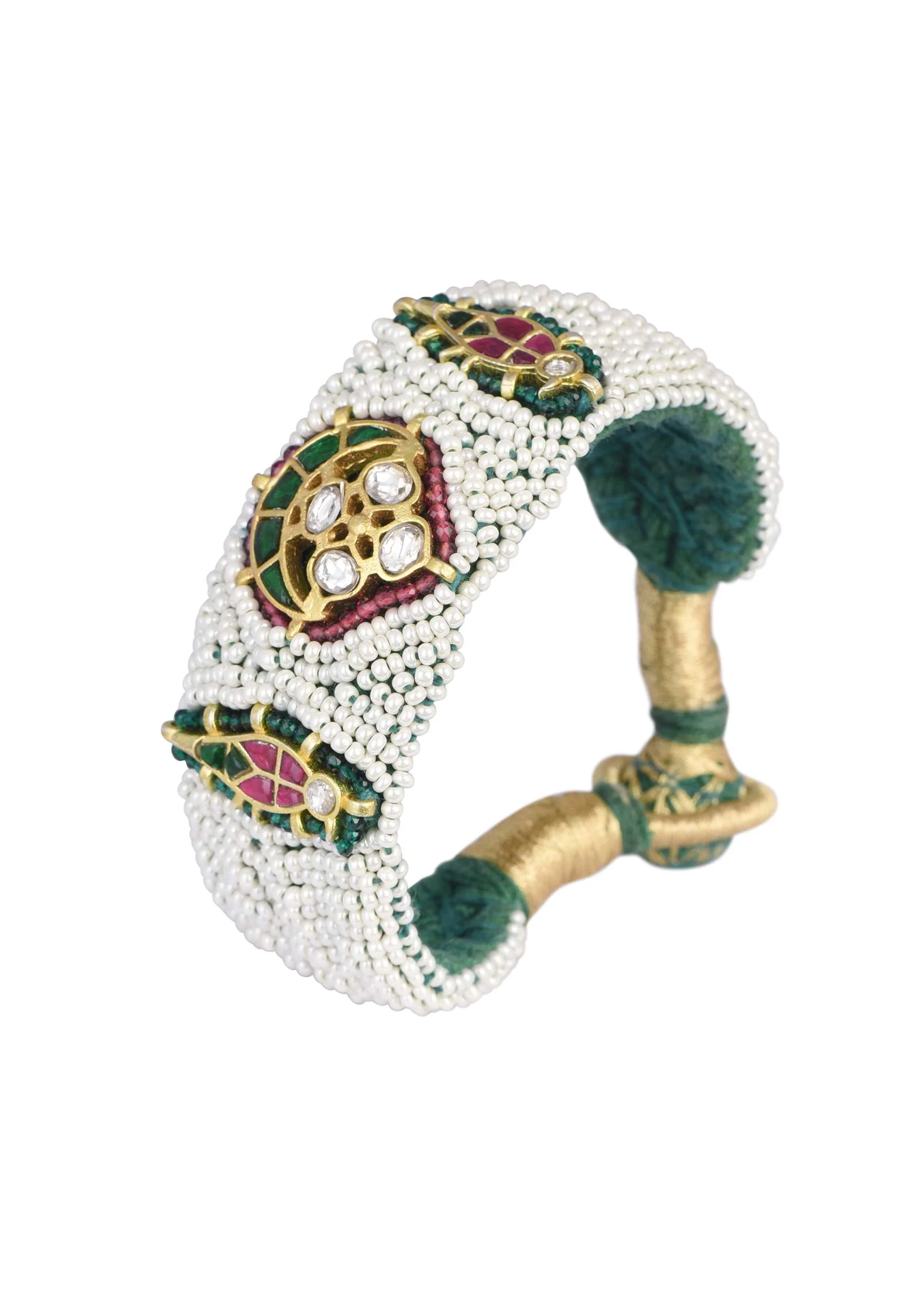 White Rajasthani Ponchi Bracelet With Studded Kundan And Enamel Work - Image 4
