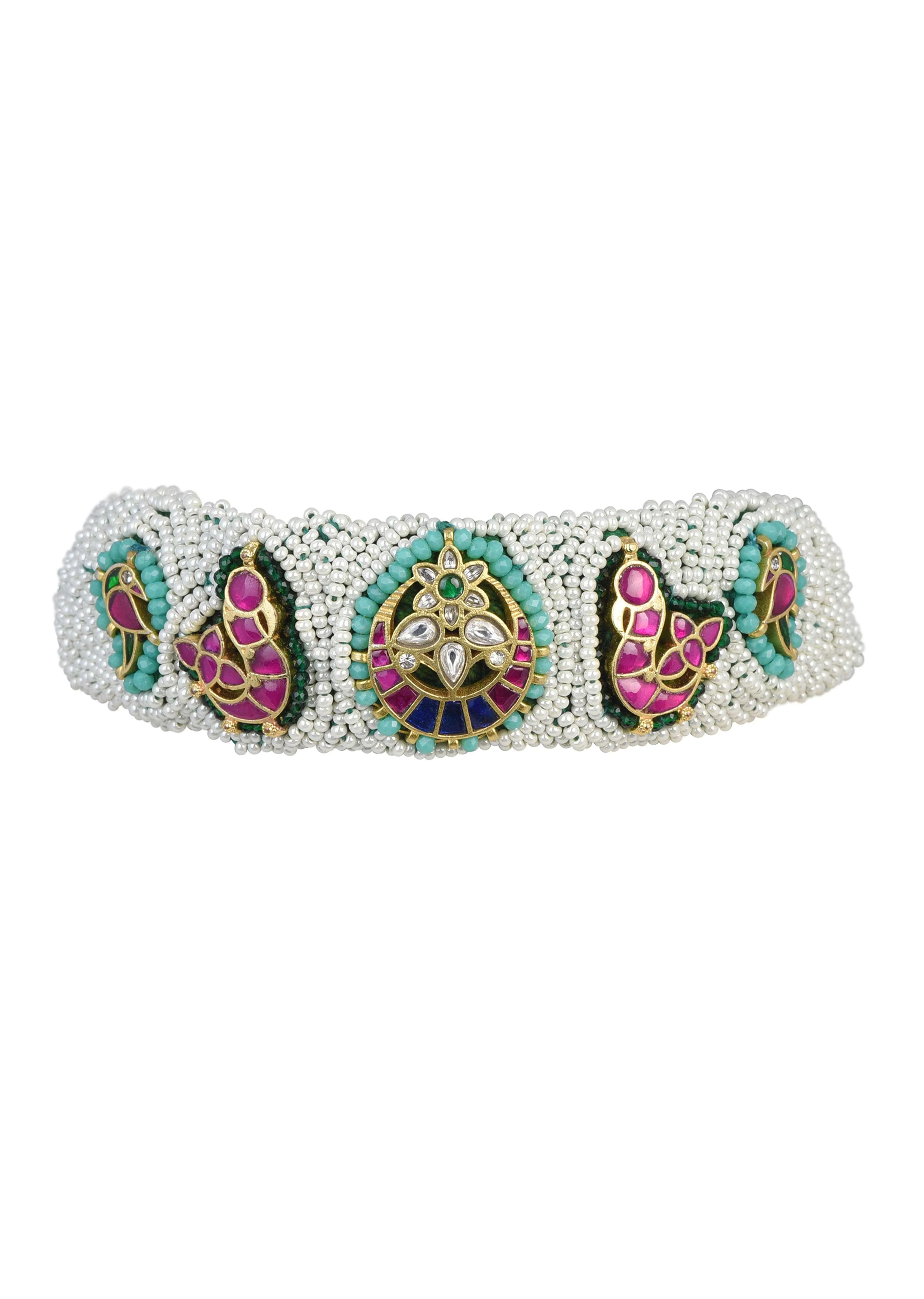 White Rajasthani Ponchi Kundan Studded Choker With Stud Earrings - Image 6