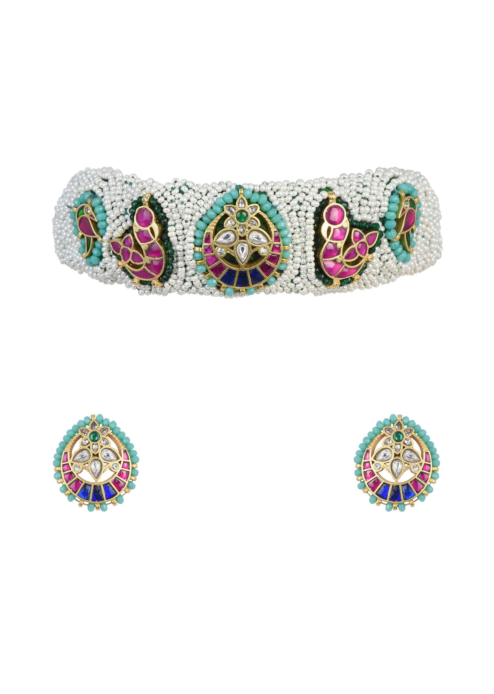 White Rajasthani Ponchi Kundan Studded Choker With Stud Earrings - Image 7