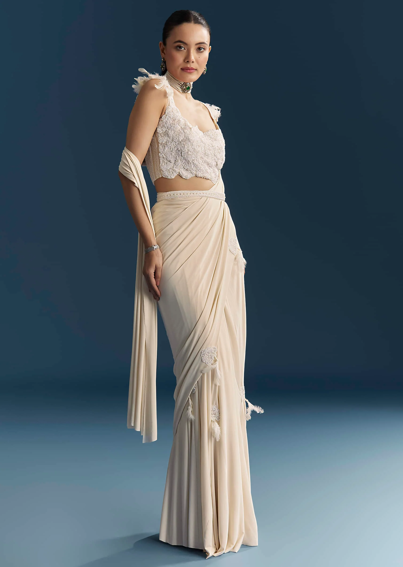 White Ready Pleated Saree With Cutdana Work - Image 3