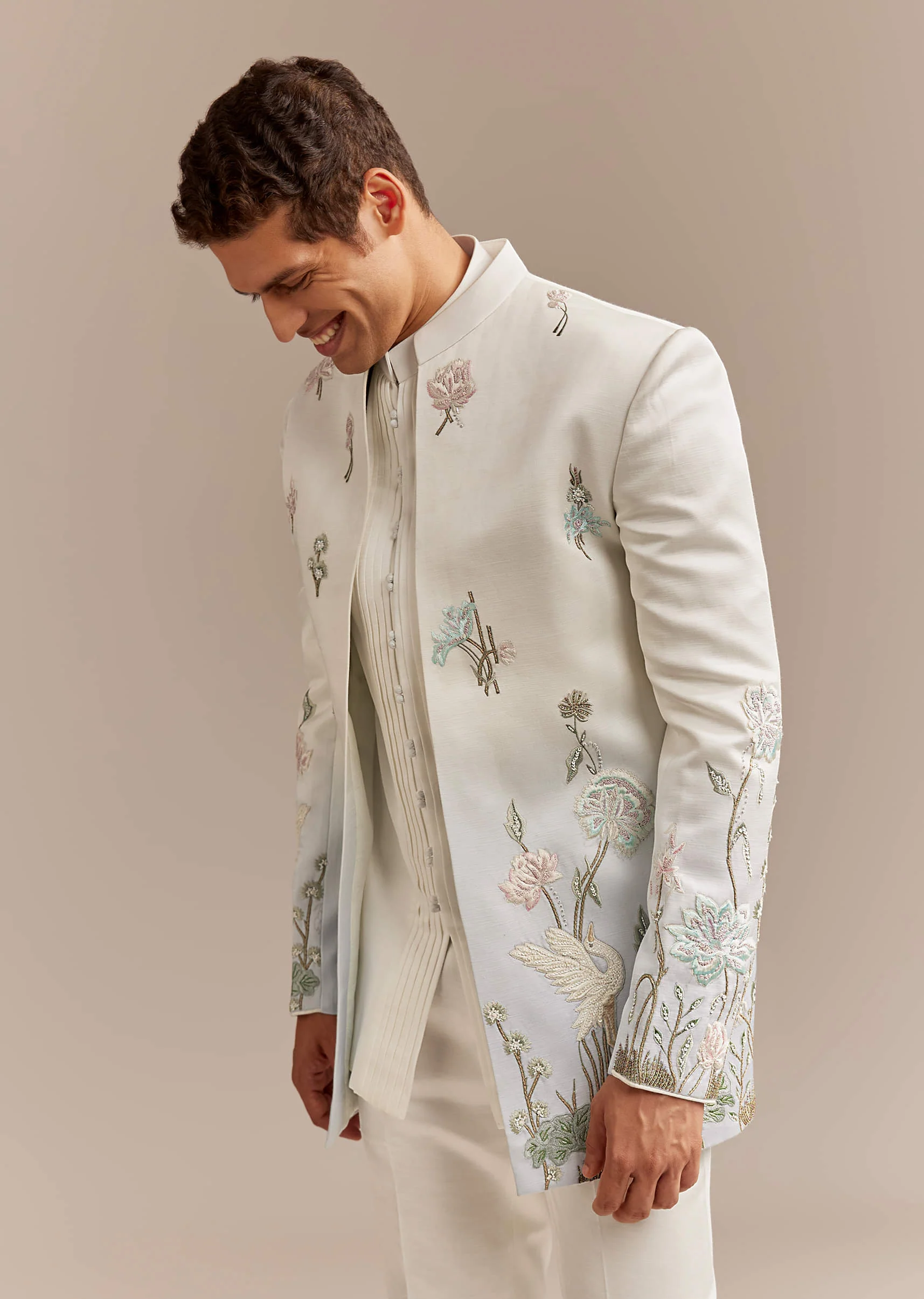 White Satin Silk Indo Western Set For Men With Pastel Embroidery - Image 5