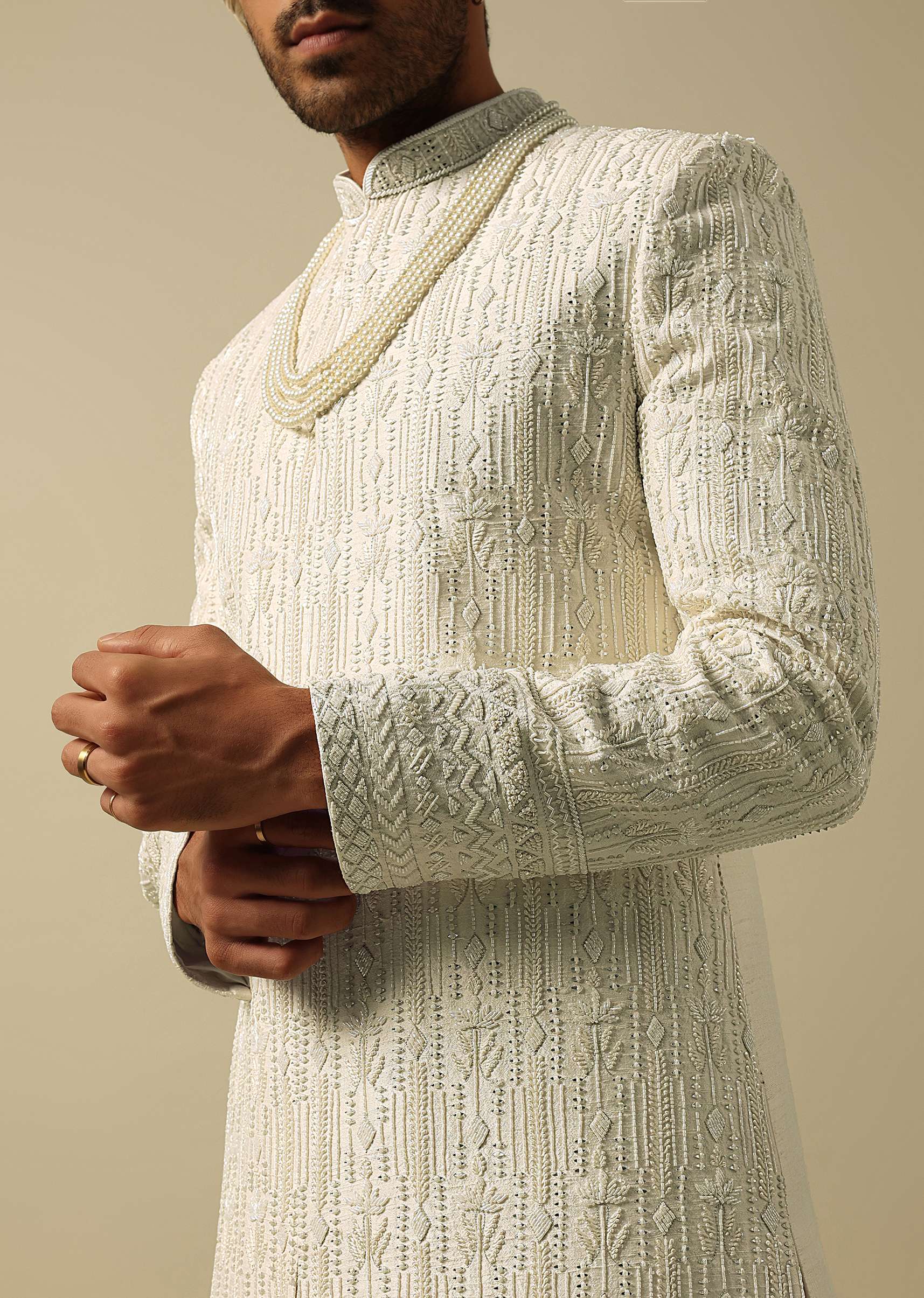 White Sherwani with Exquisite Heavy Embroidery - Image 2