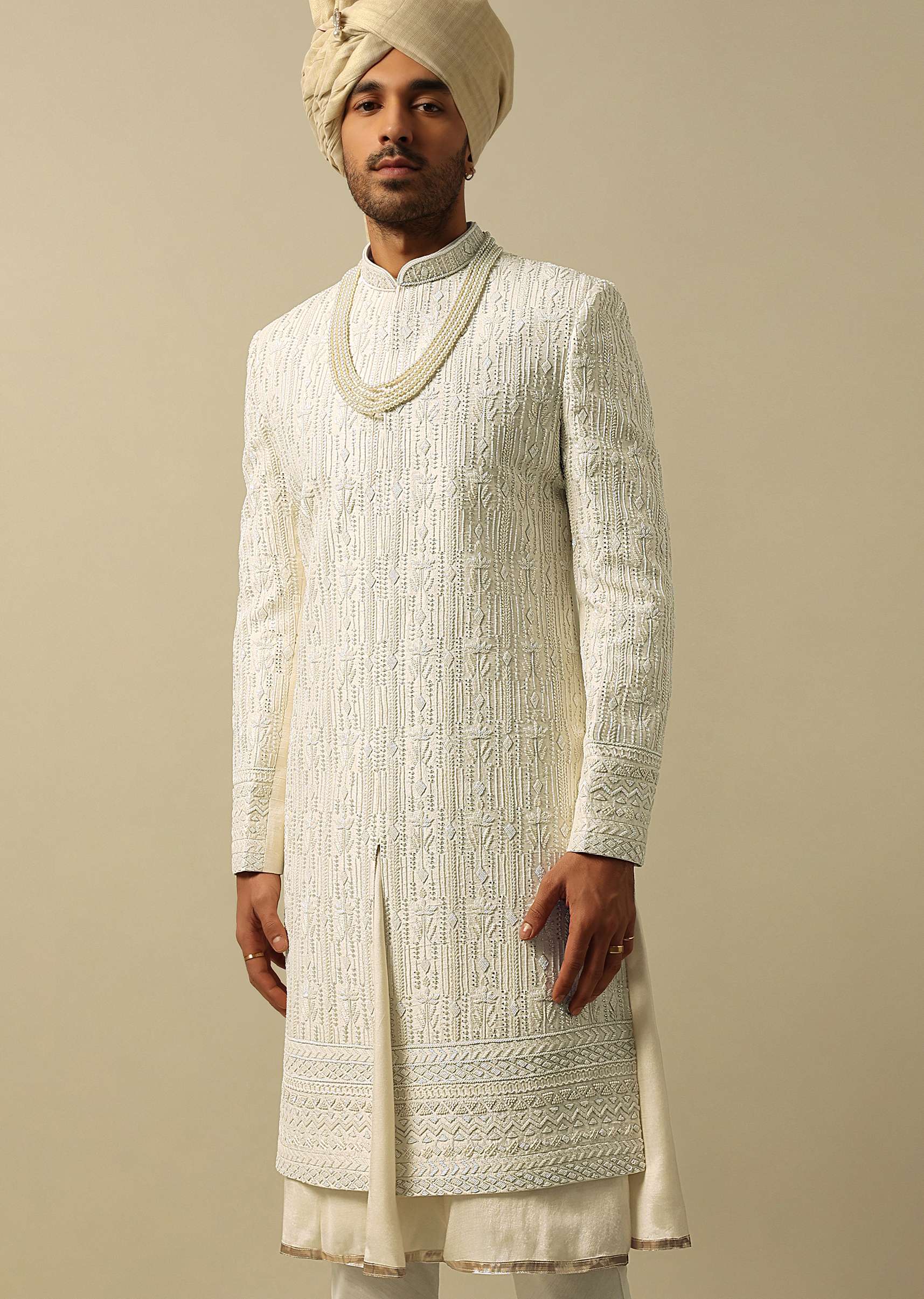 White Sherwani with Exquisite Heavy Embroidery - Image 4