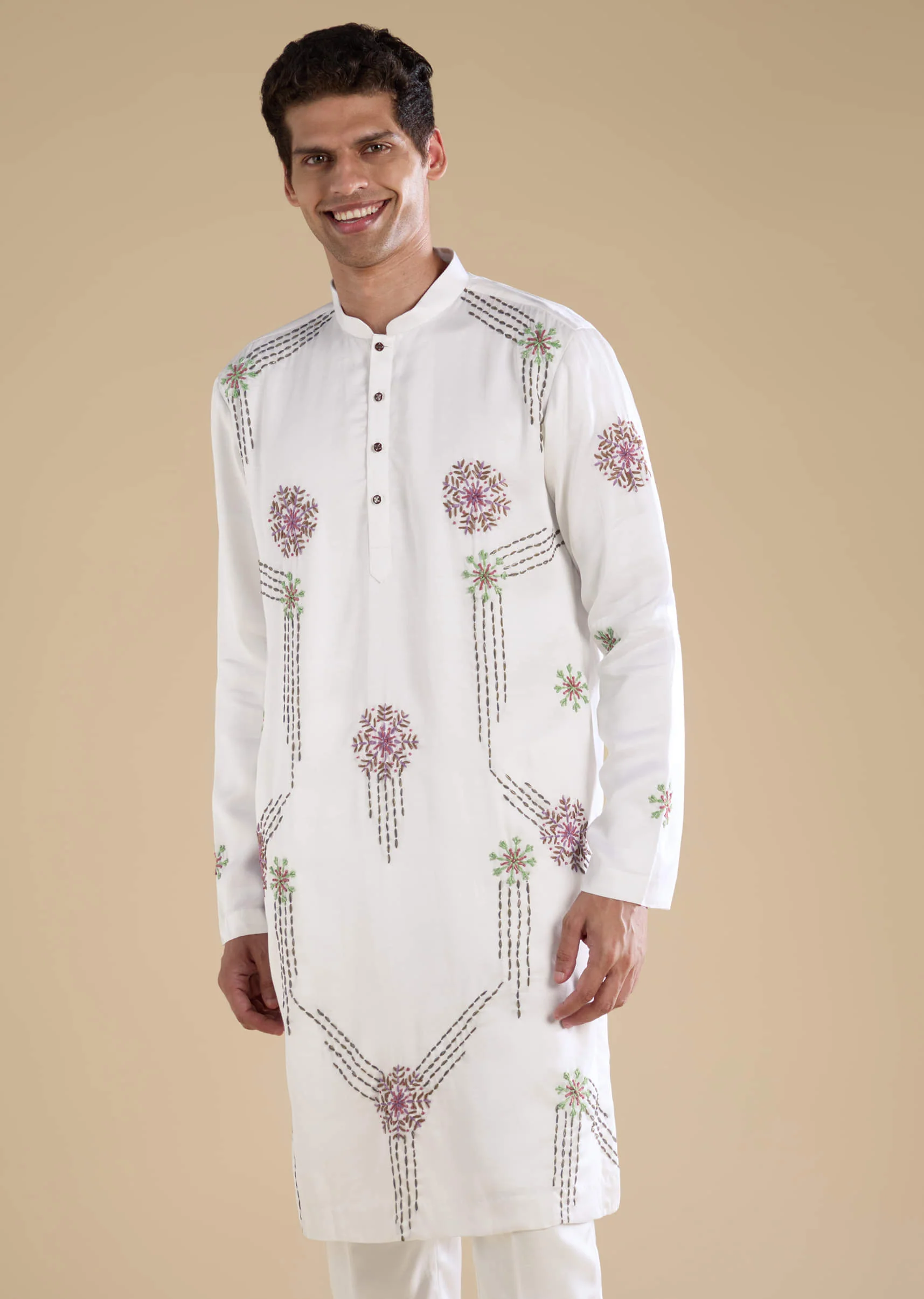 White Silk Blend Mens Kurta Set with Bandhani Dupatta - Image 6