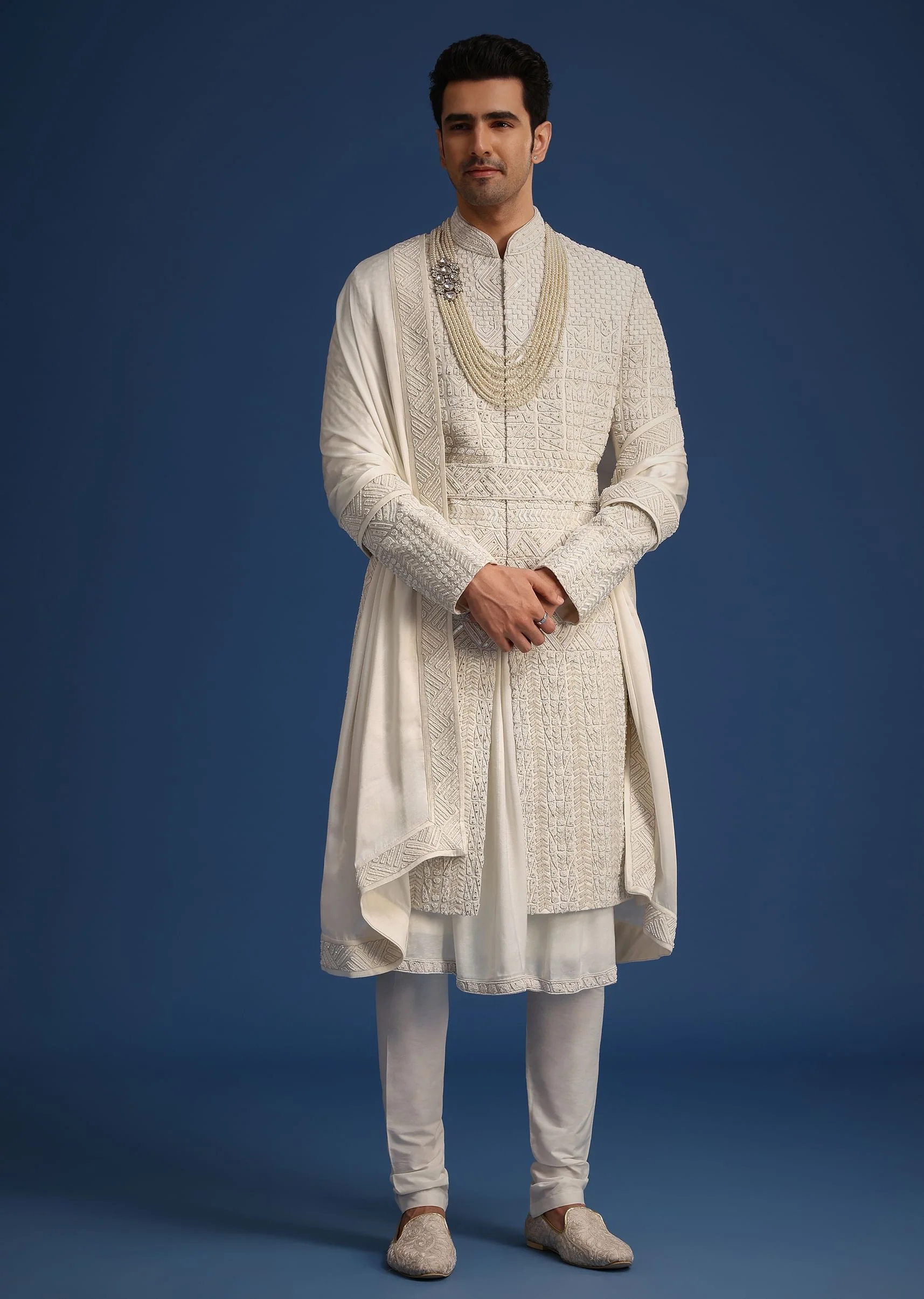White Silk Embellished Sherwani Set With Kamarbandh - Image 3