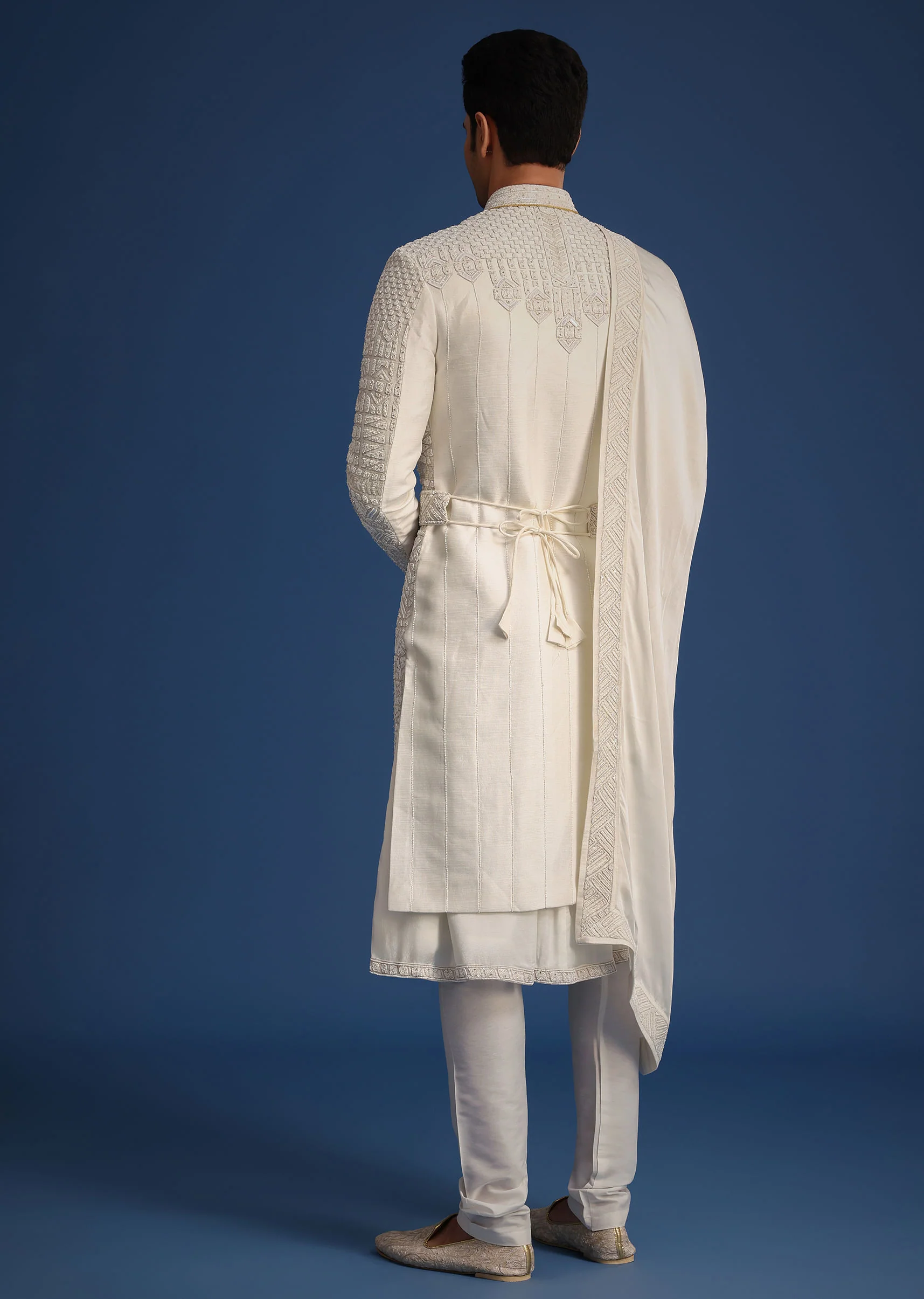White Silk Embellished Sherwani Set With Kamarbandh - Image 5