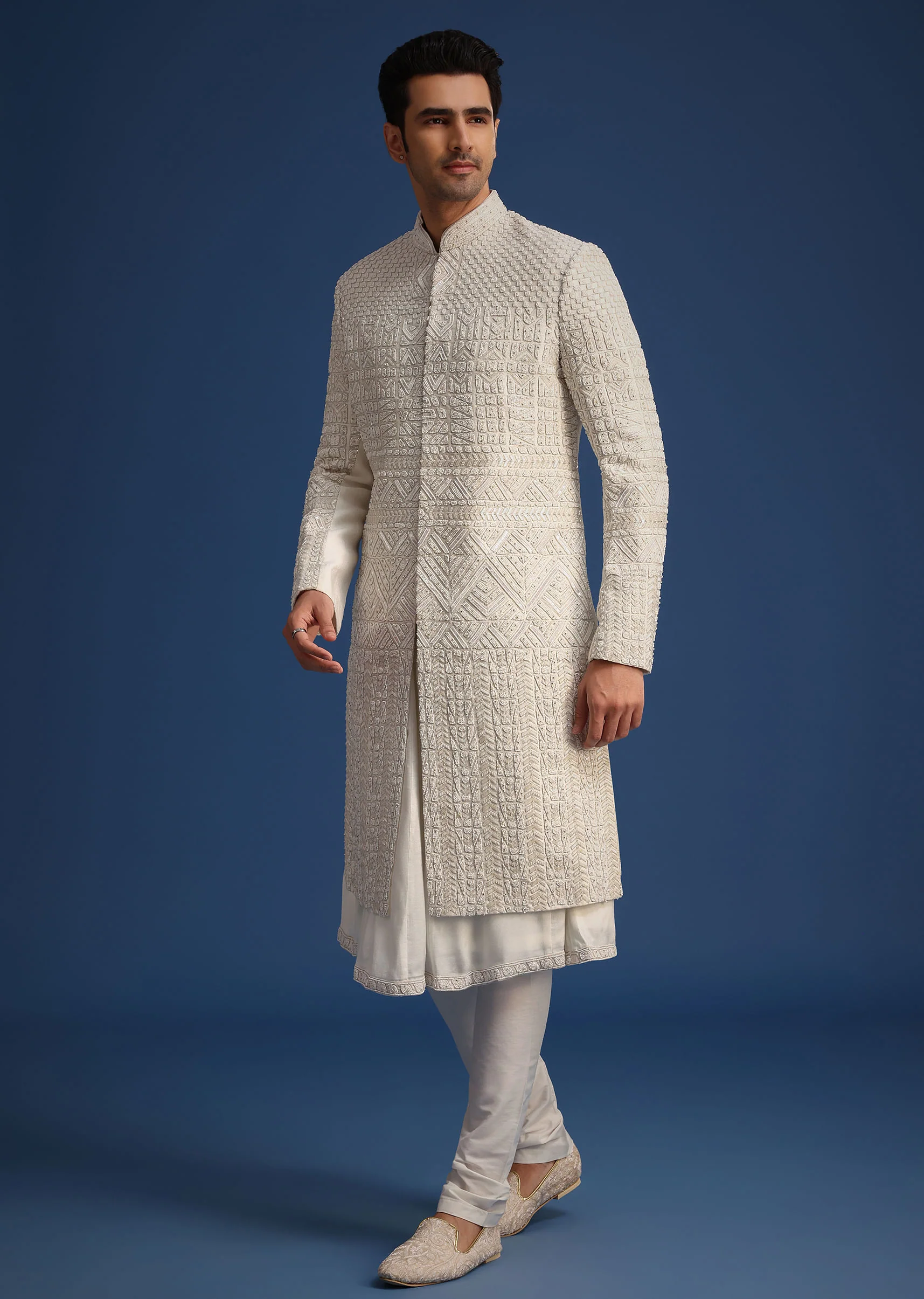 White Silk Embellished Sherwani Set With Kamarbandh - Image 6