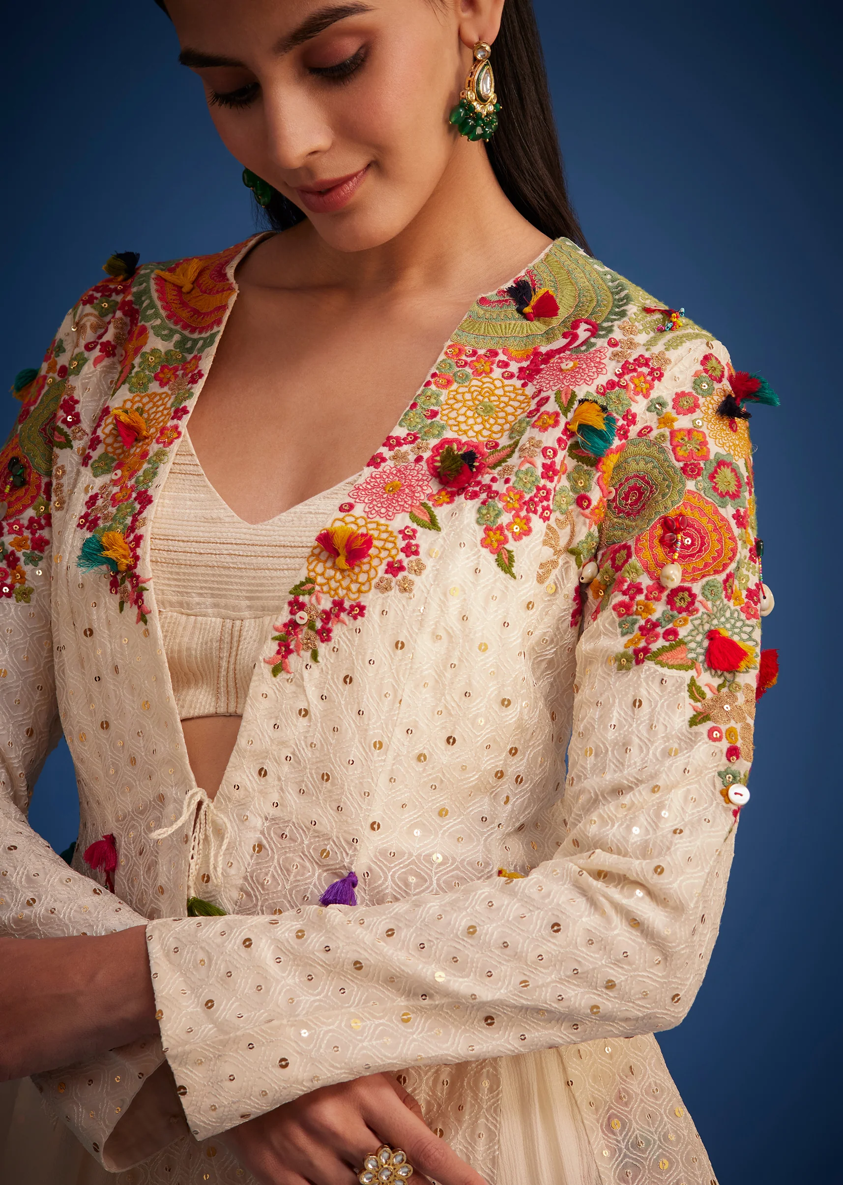 White Silk Embroidered Jacket Palazzo Set - Image 2