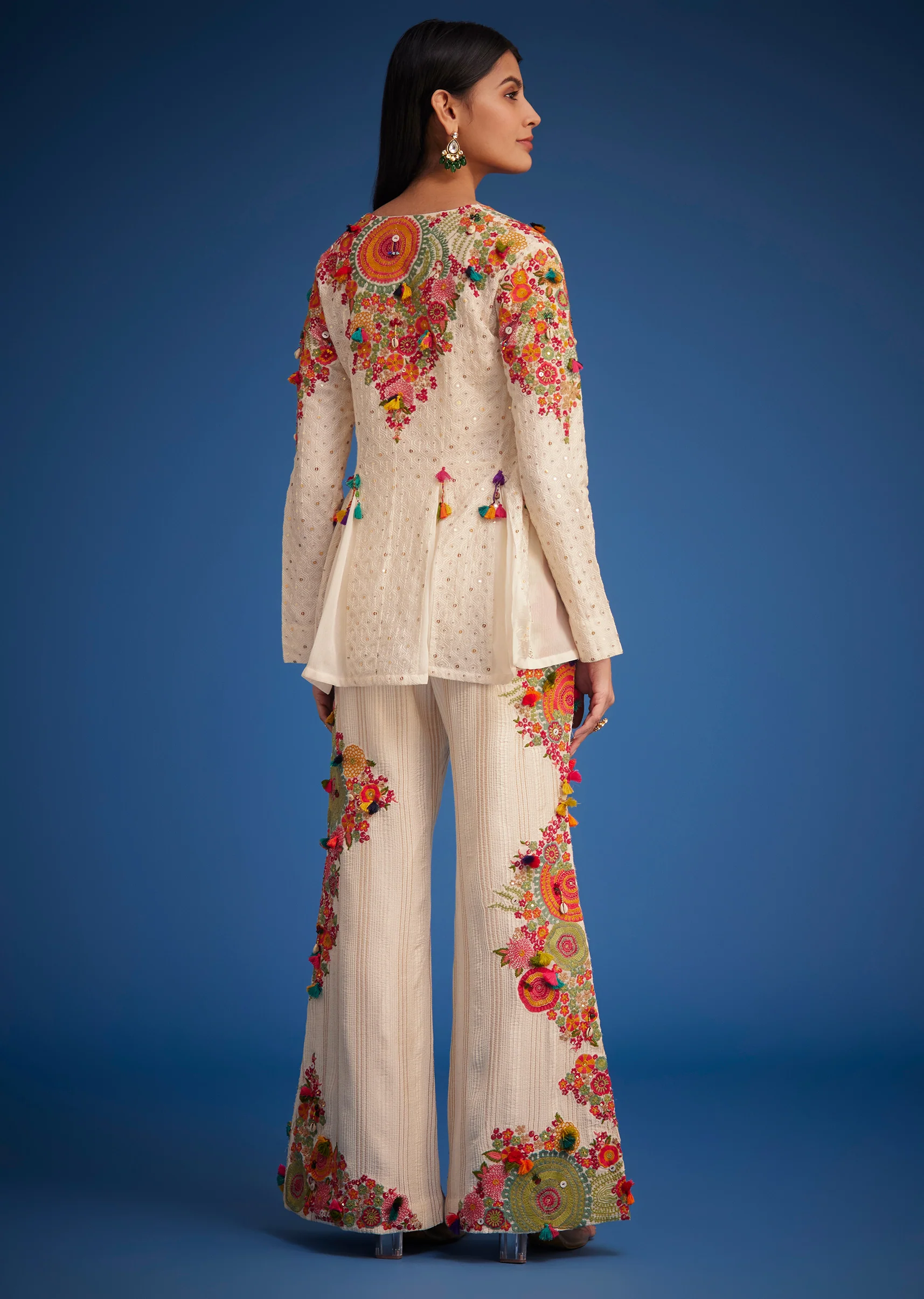 White Silk Embroidered Jacket Palazzo Set - Image 5