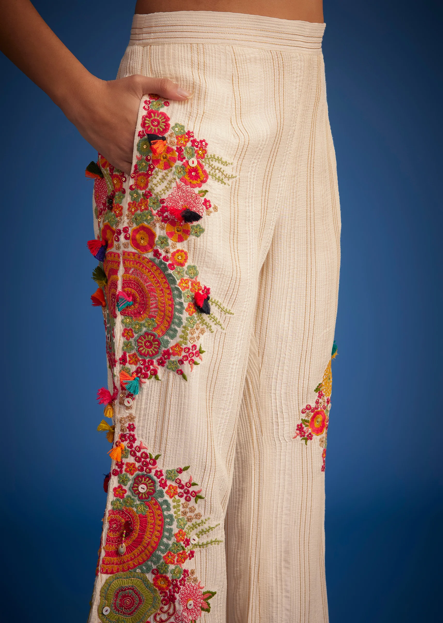 White Silk Embroidered Jacket Palazzo Set - Image 7