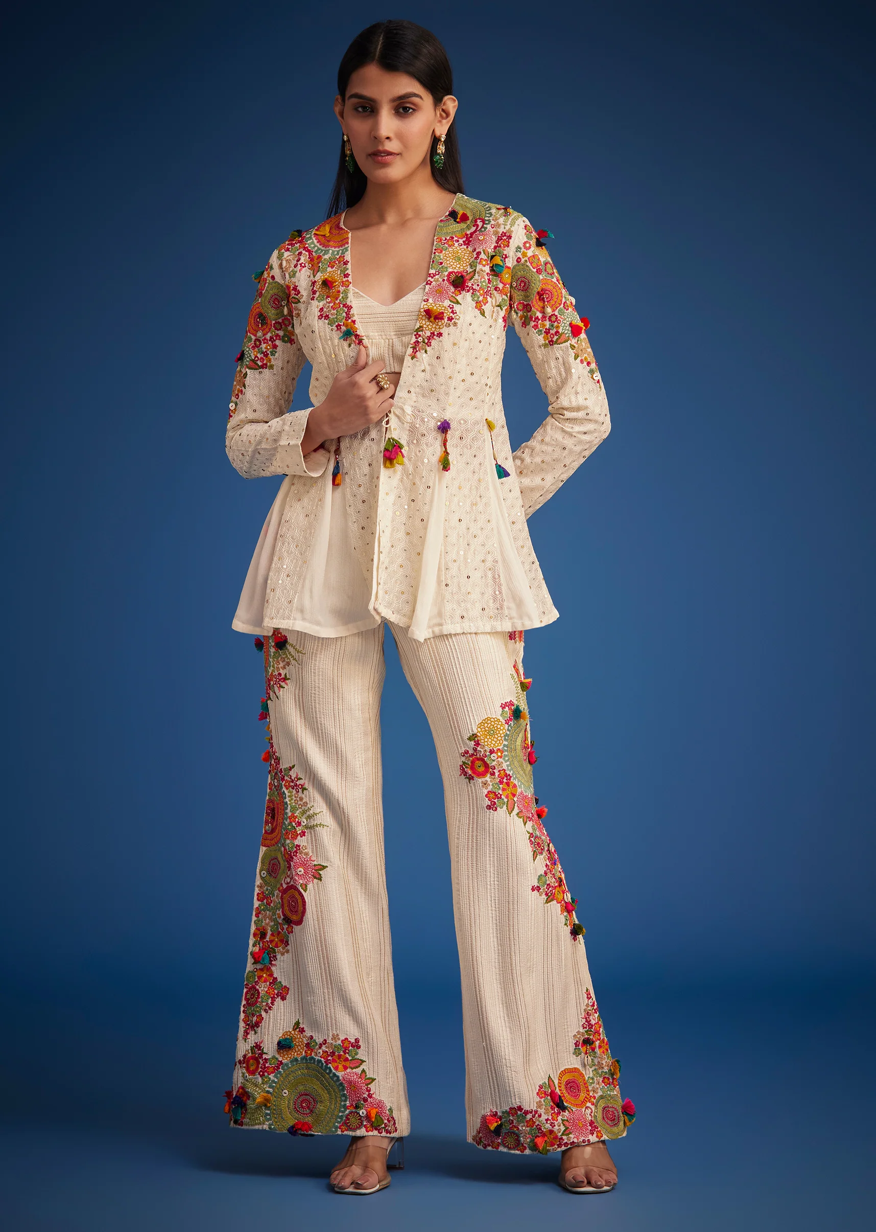White Silk Embroidered Jacket Palazzo Set - Image 8