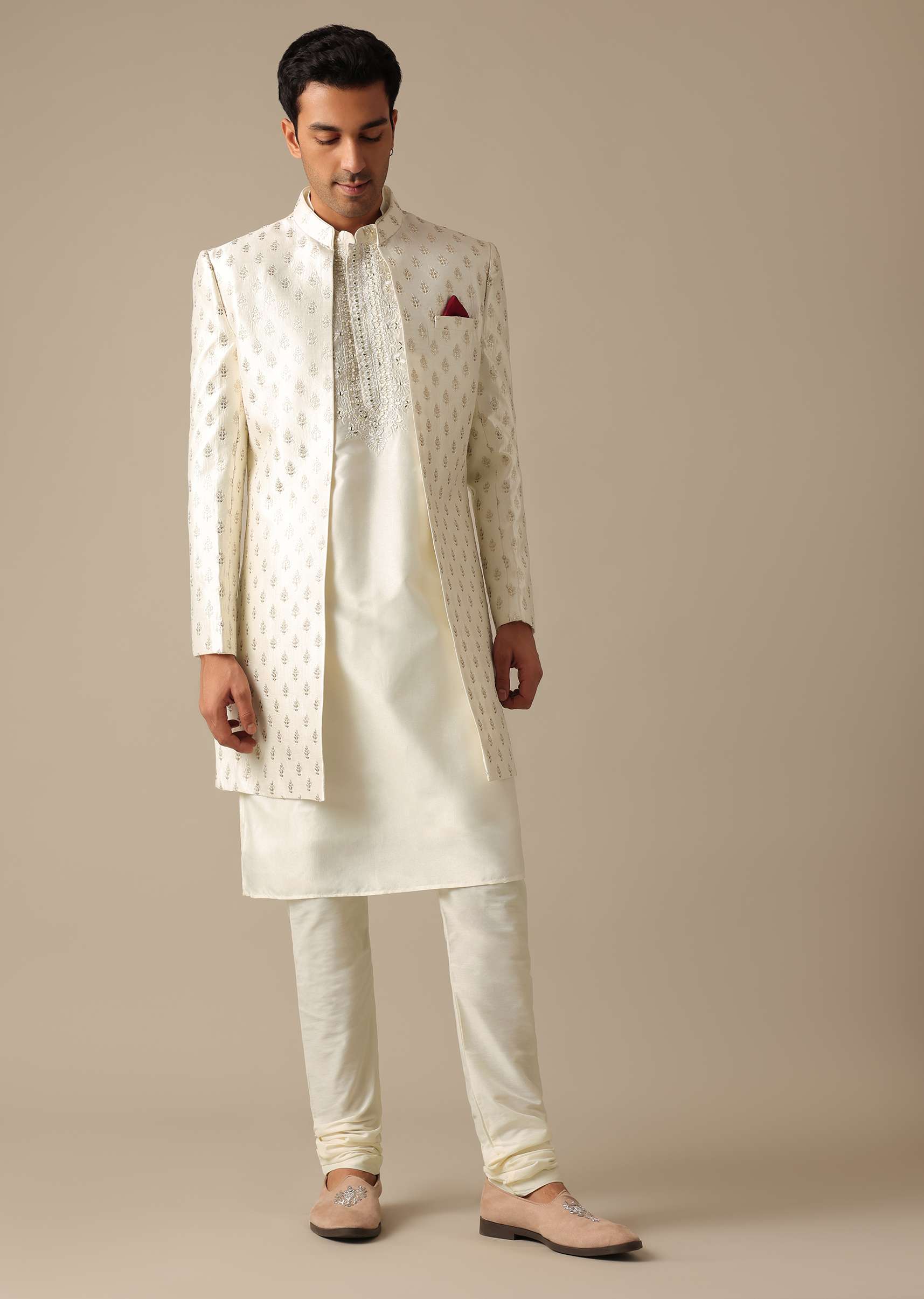 White Silk Embroidered Sherwani Set - Image 3