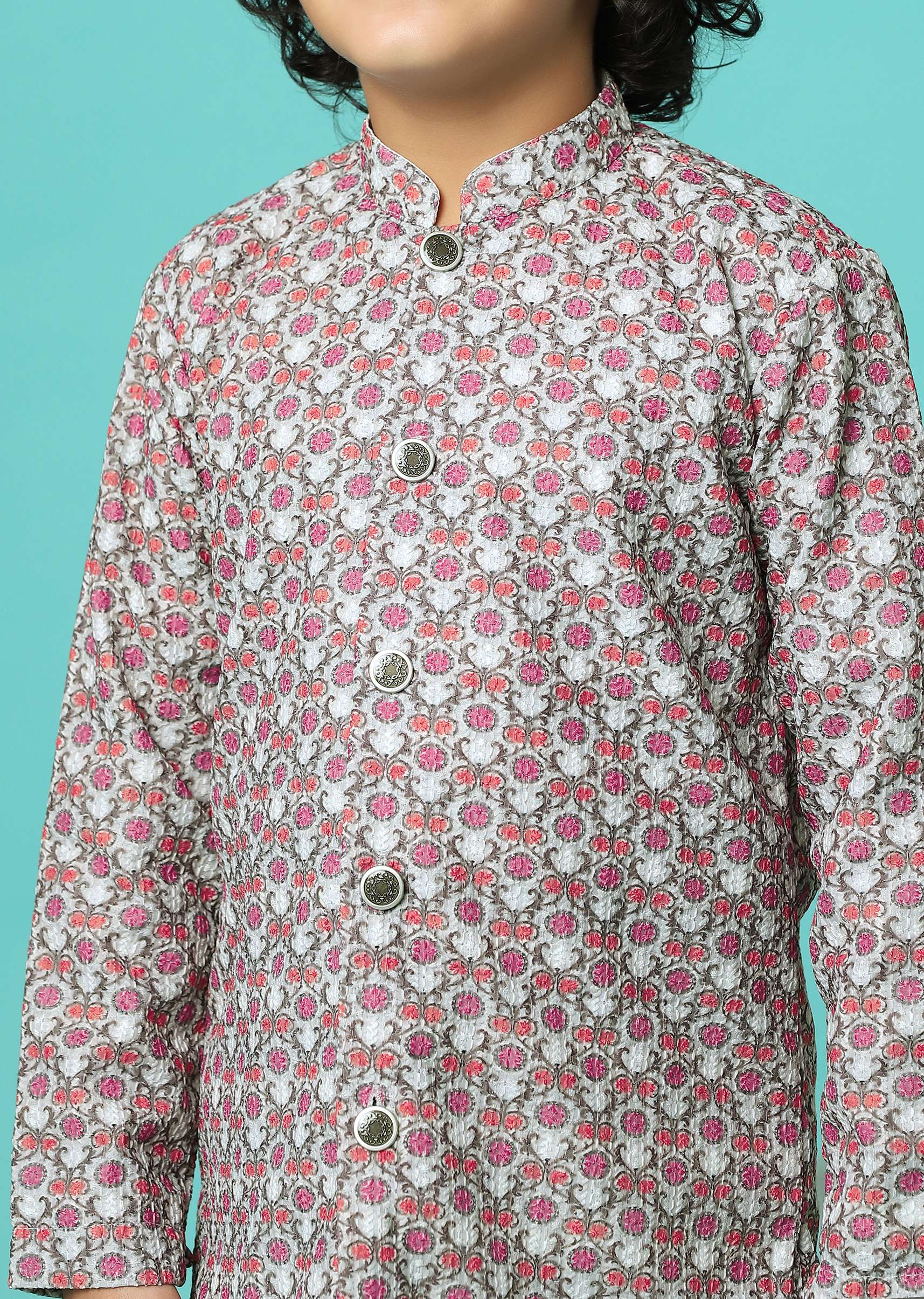 White Silk Kurta And Pant Set With Multicolor Print - Image 2