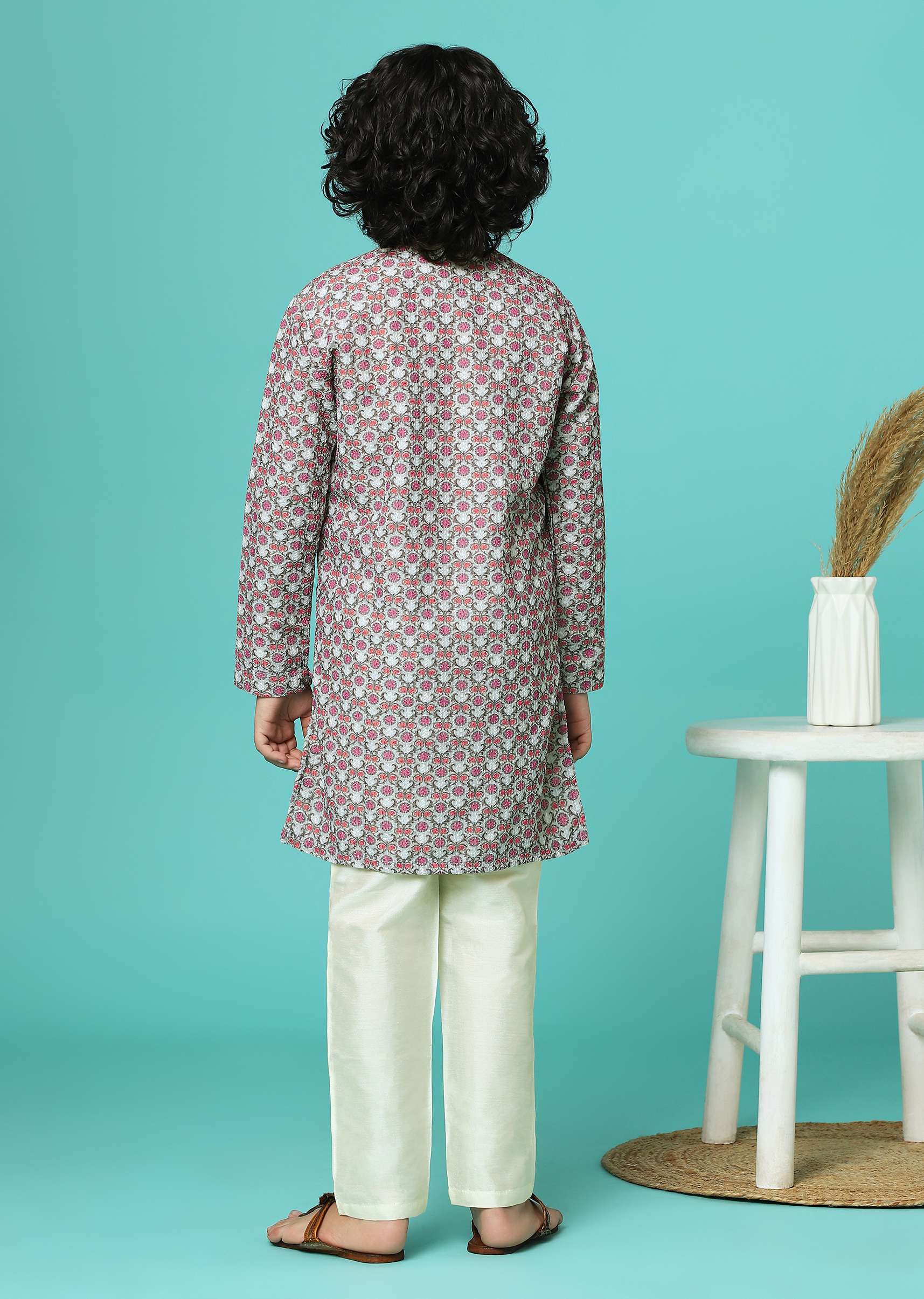 White Silk Kurta And Pant Set With Multicolor Print - Image 5