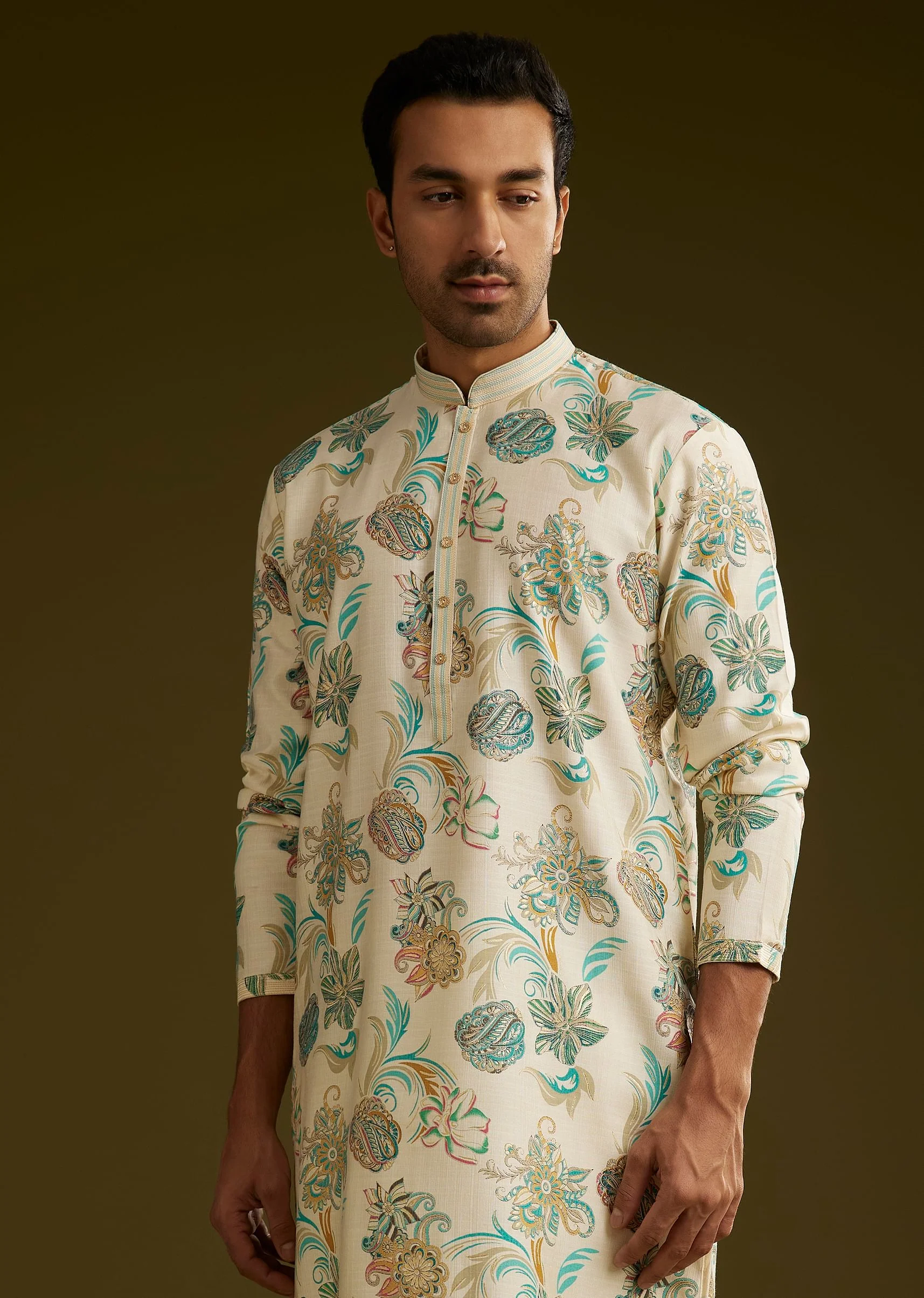 White Silk Kurta Set With Surreal Nature Prints - Image 4