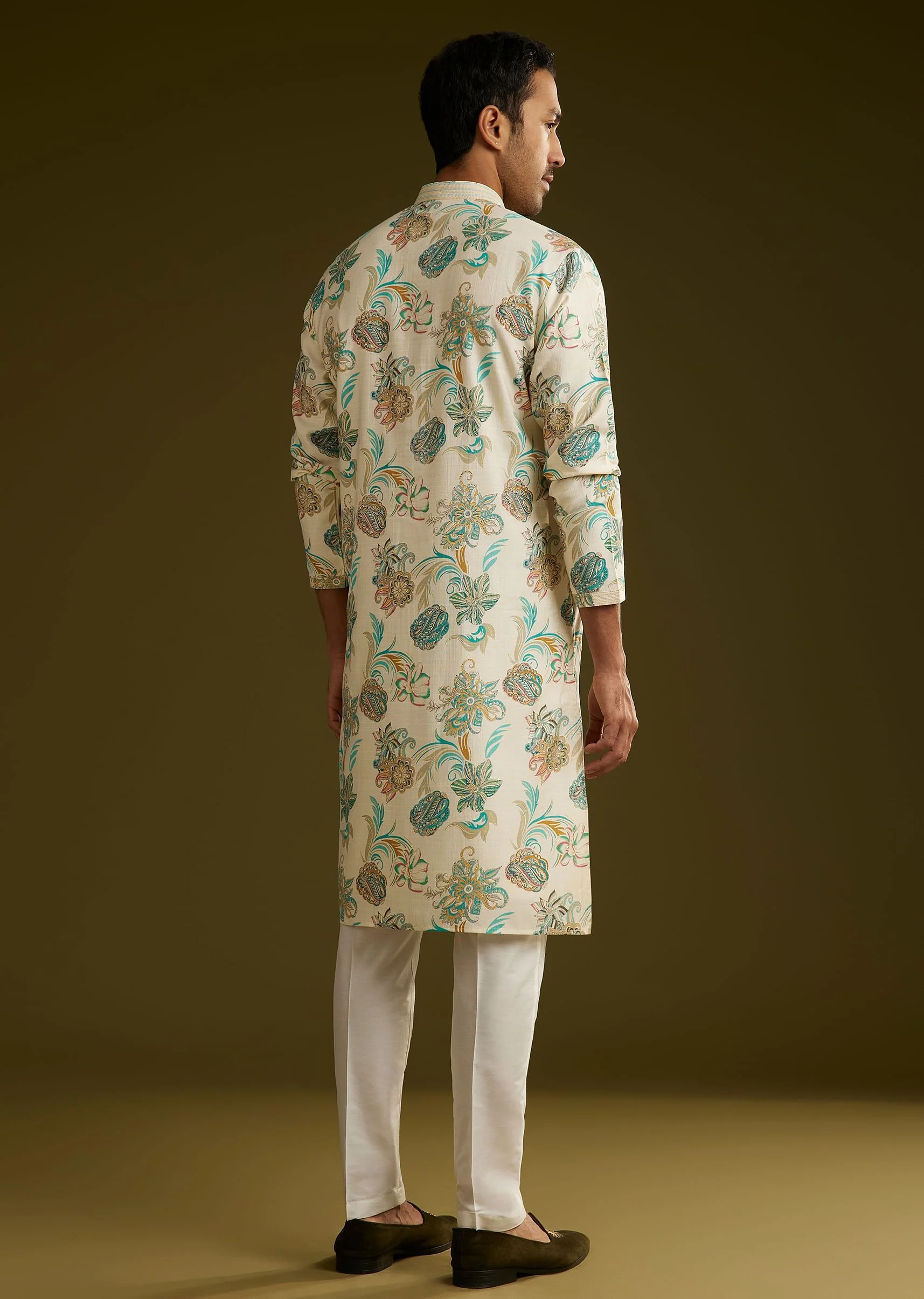 White Silk Kurta Set With Surreal Nature Prints - Image 5