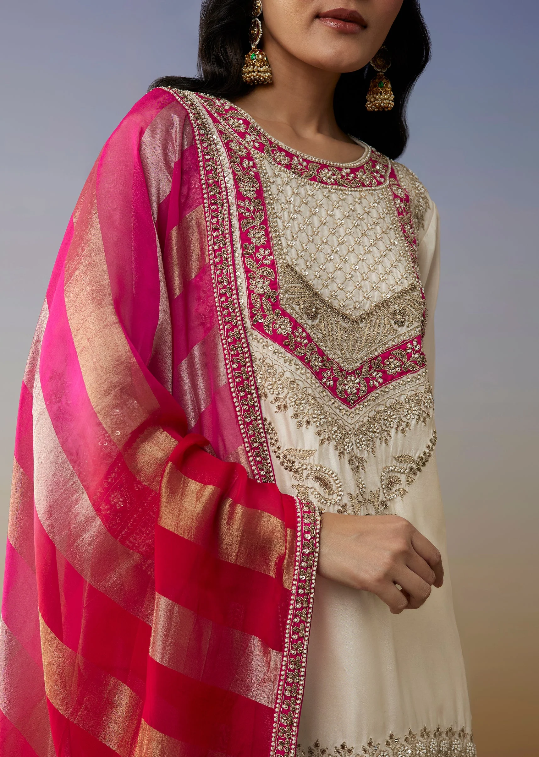 White Silk Palazzo Suits with Moti Zardosi Work - Image 2