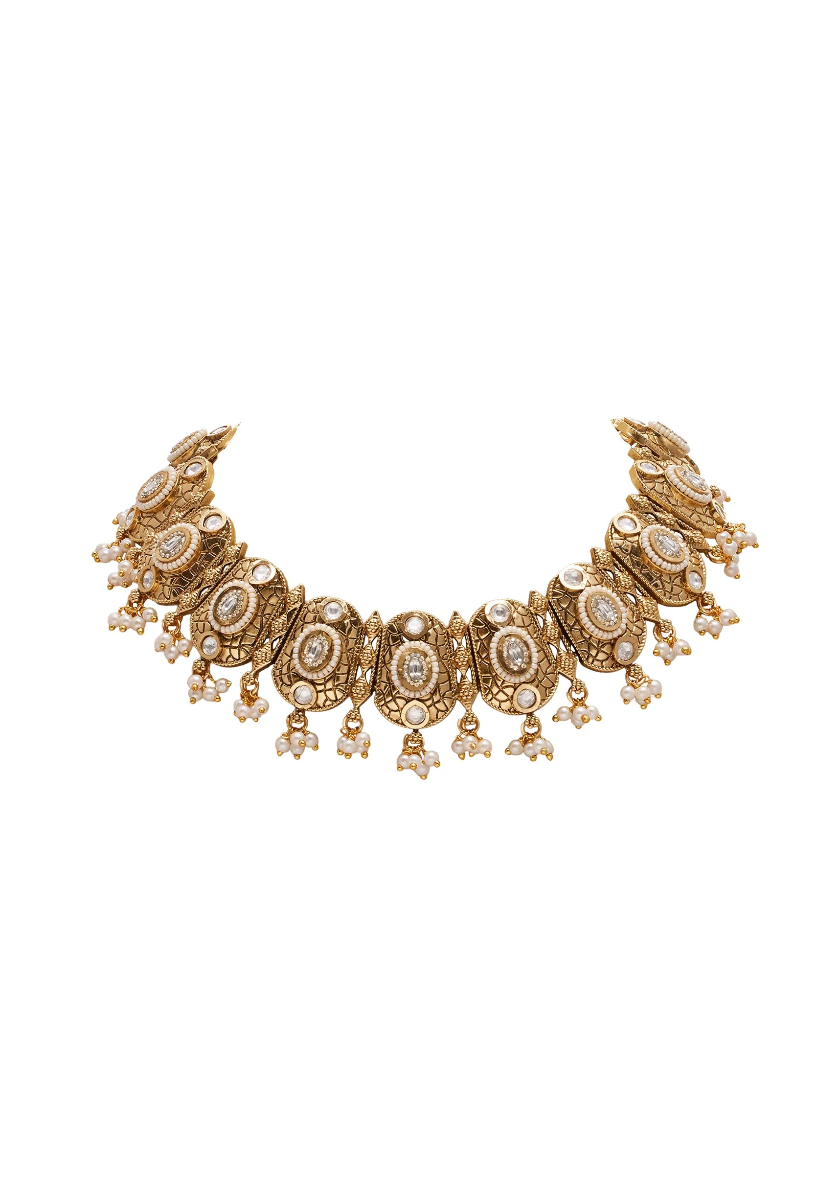 White Stone And Pearl Kundan Rajwadi hoker Set - Image 2