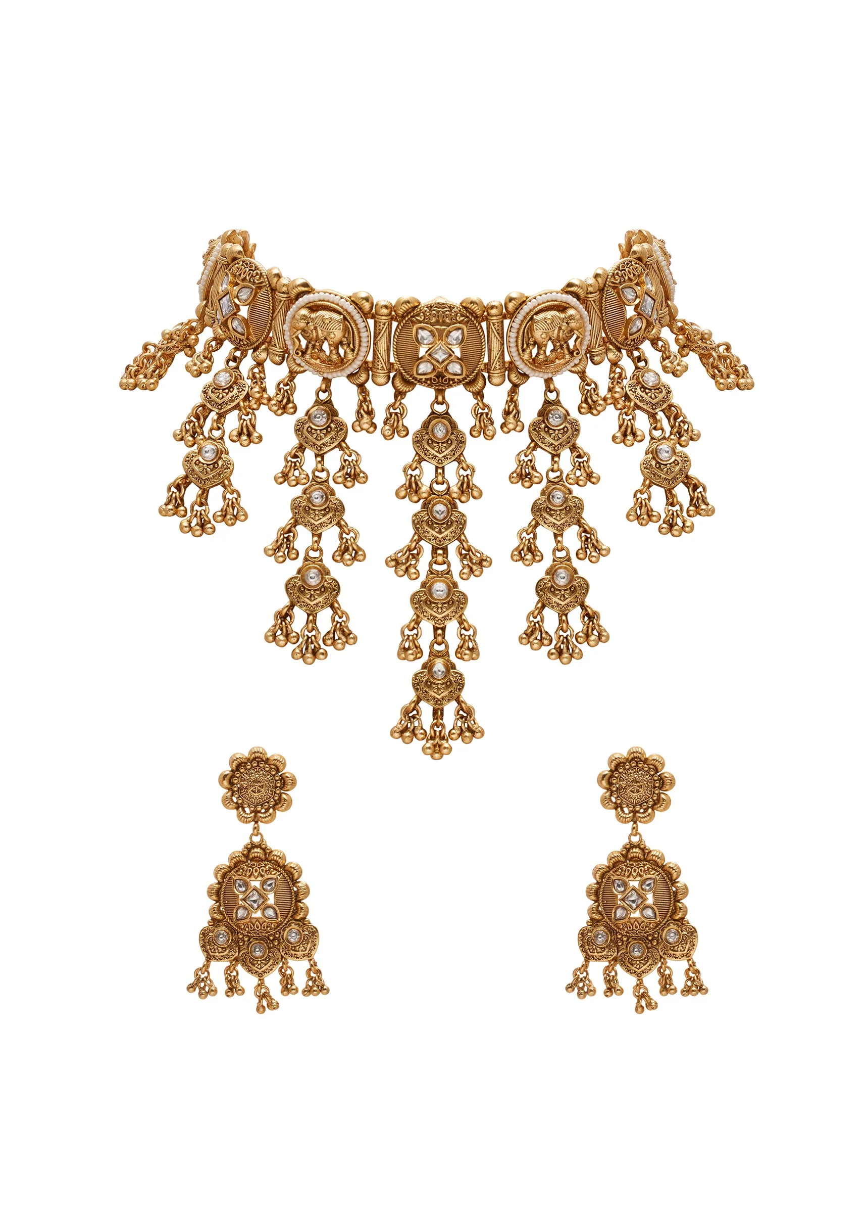 White Stone Kundan Necklace Set With Bead Drops