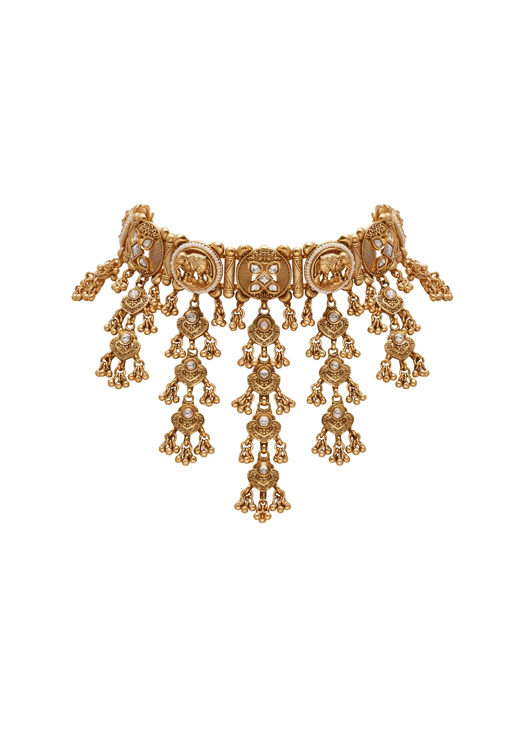 White Stone Kundan Necklace Set With Bead Drops - Image 2