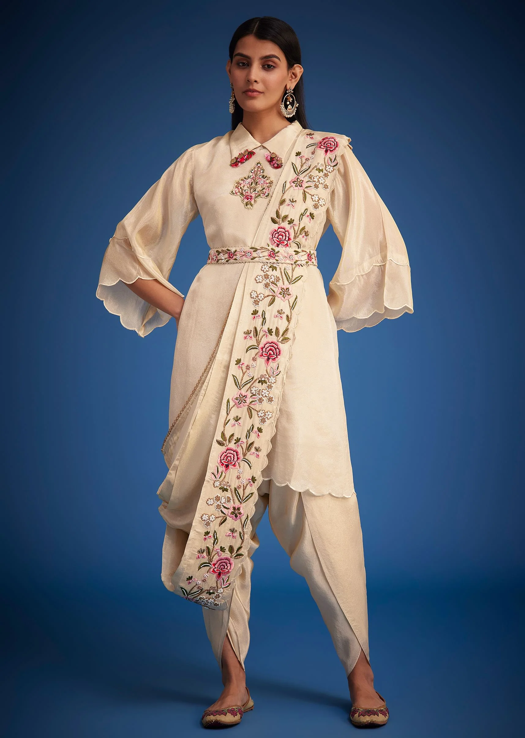 White Tissue Embroidered Dhoti Set - Image 3