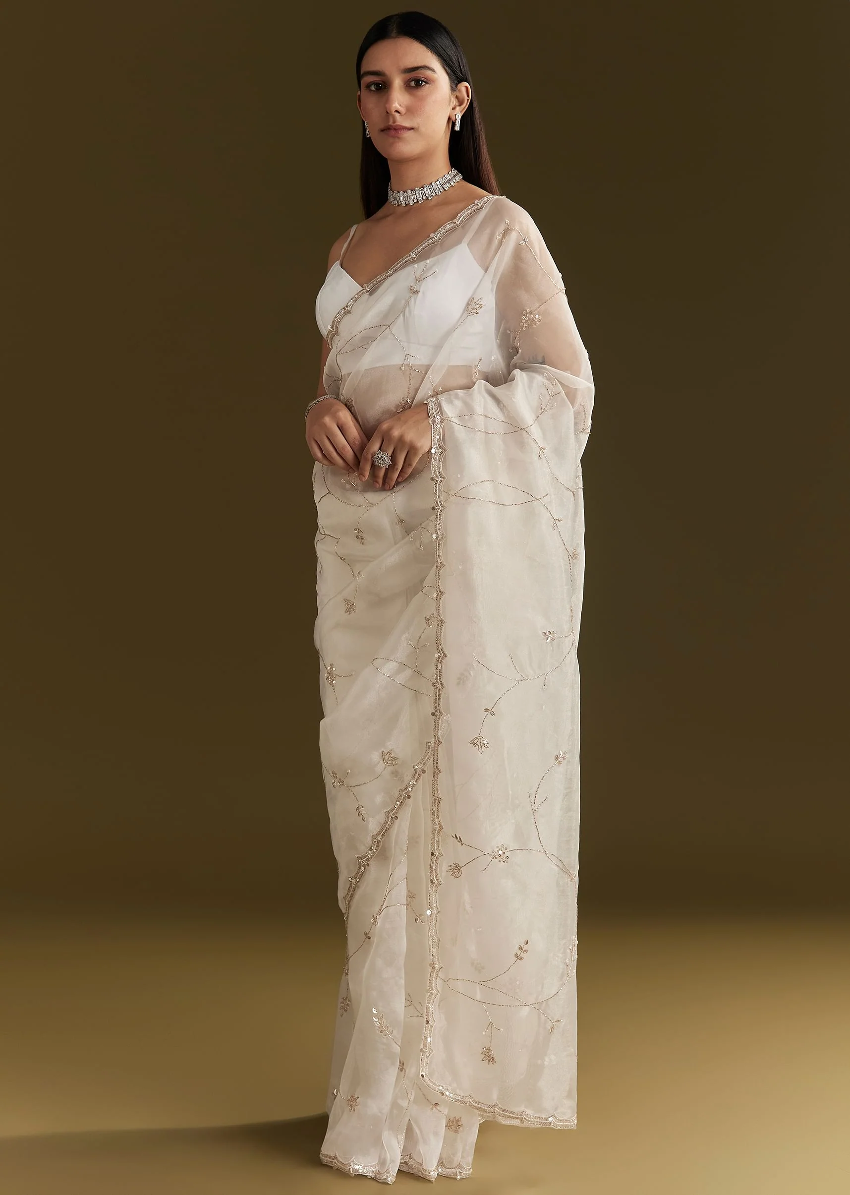 White Tissue Embroidered Saree With Scallop Border - Image 3