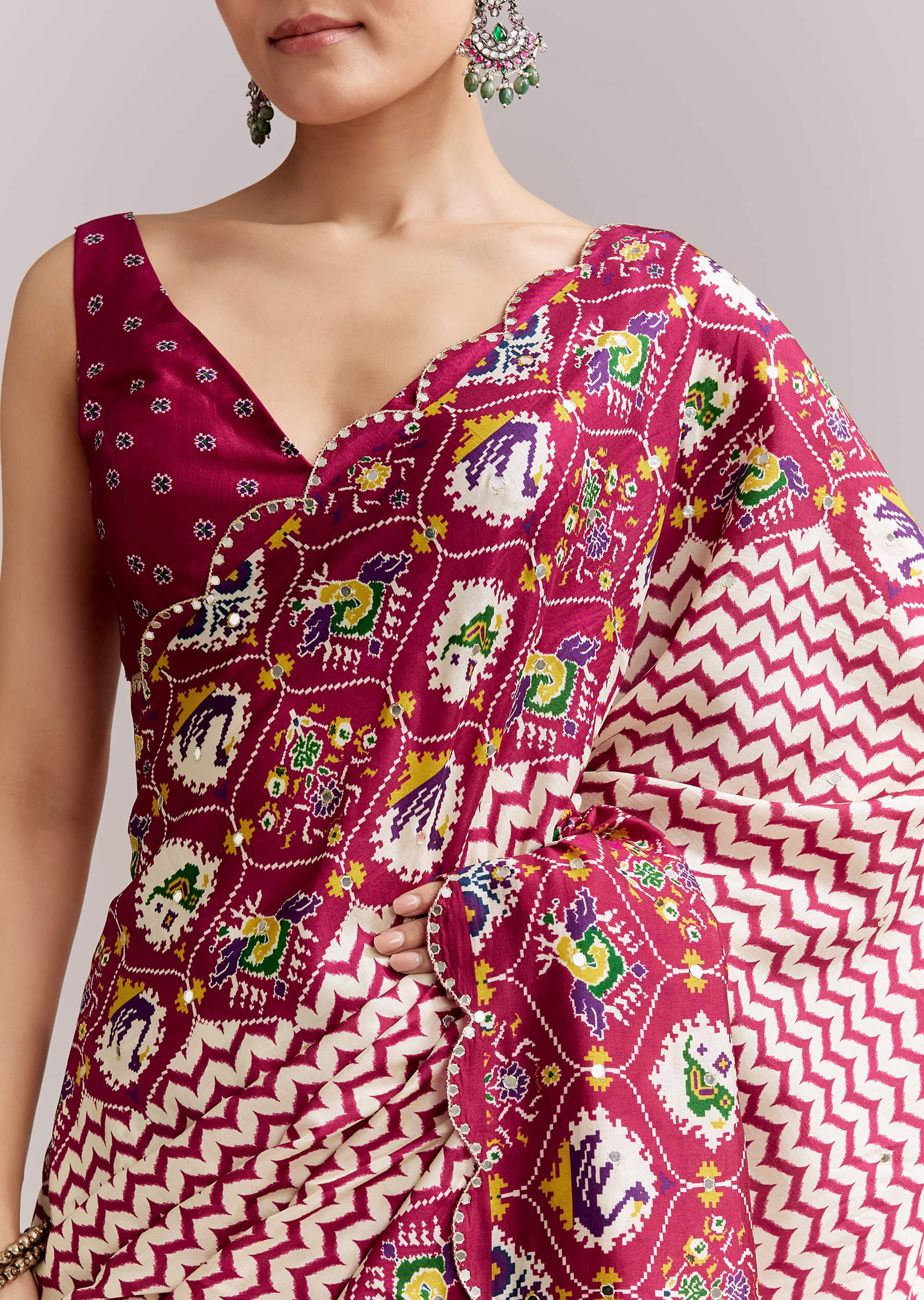 Wine And Off White Satin Saree With Ikat-Style Floral Birds Border - Image 2