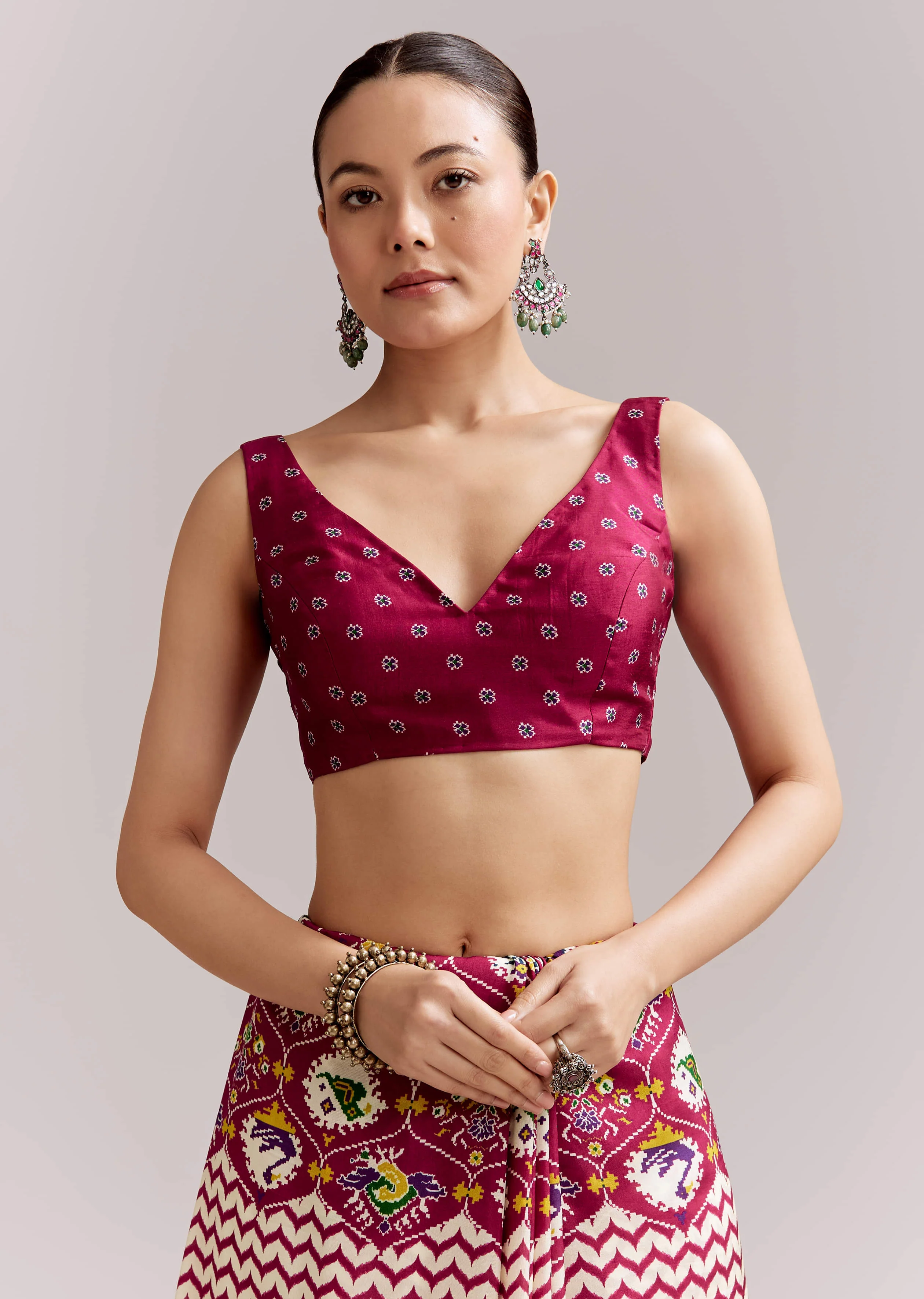 Wine And Off White Satin Saree With Ikat-Style Floral Birds Border - Image 7