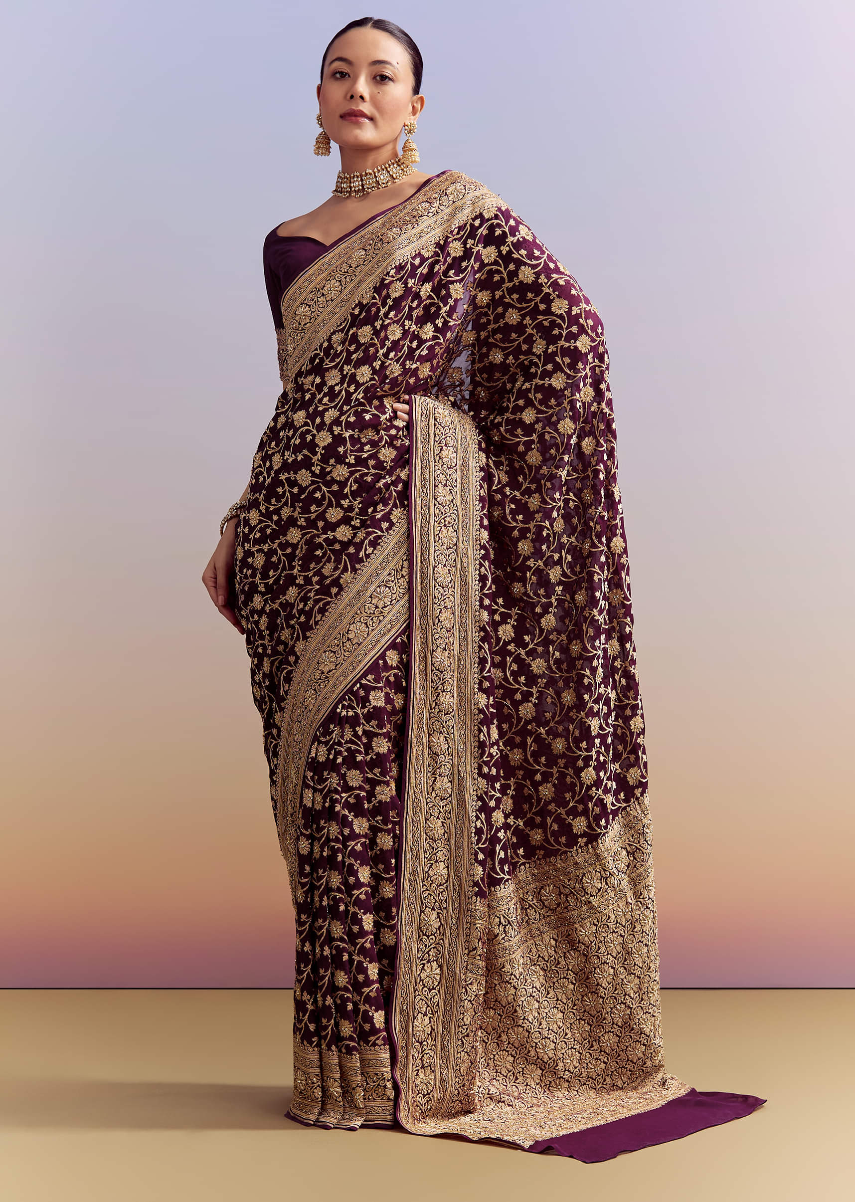Wine Banarasi Silk Saree With Heavy Zari And Jaal Work - Image 10
